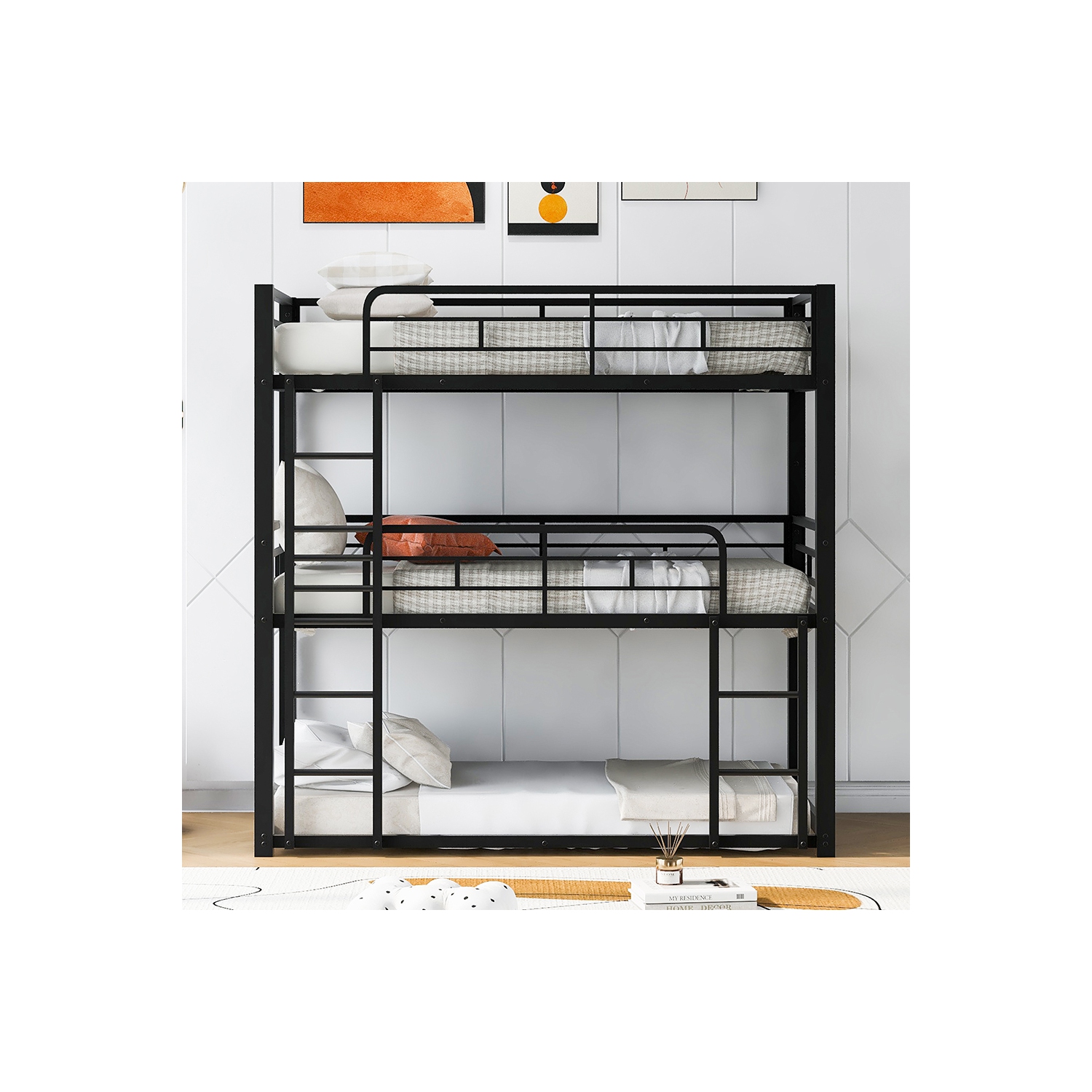 Lit jumeau superposé triple en métal Kepooman, noir