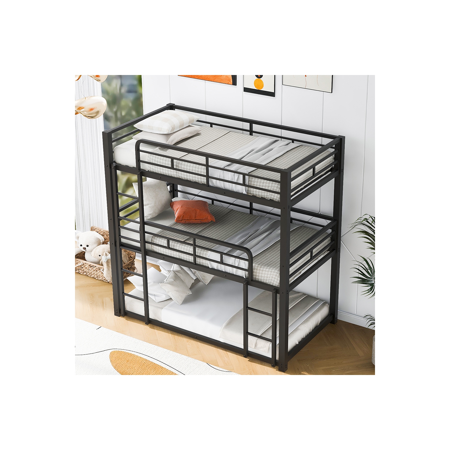 Lit jumeau superposé triple en métal Kepooman, noir