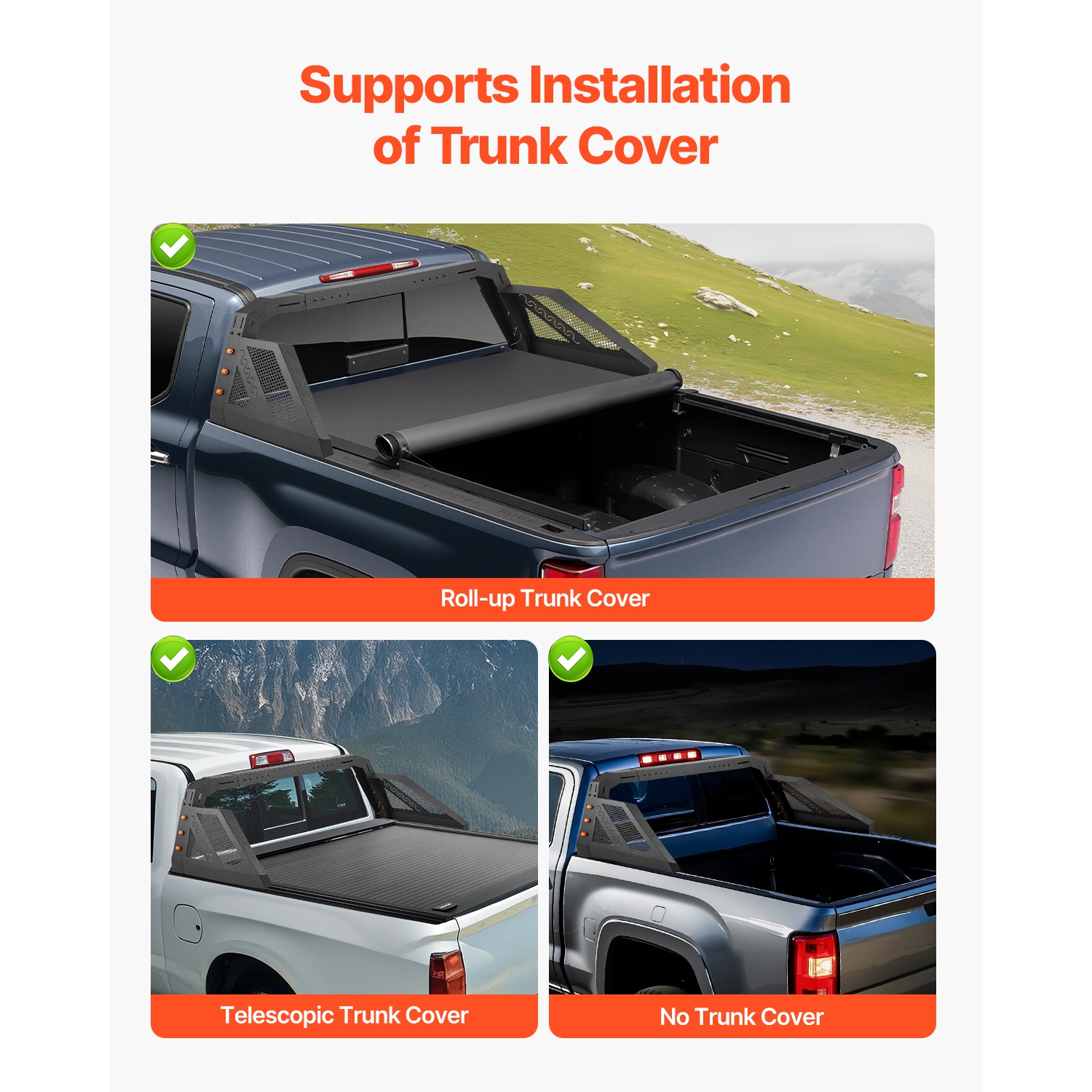 VEVOR Truck Bed Roll Bar, Universal Pickup Sport Adjustable Bar Chase Rack Compatible with Full-Size Truck, Carbon Steel Construction with 6 Amber