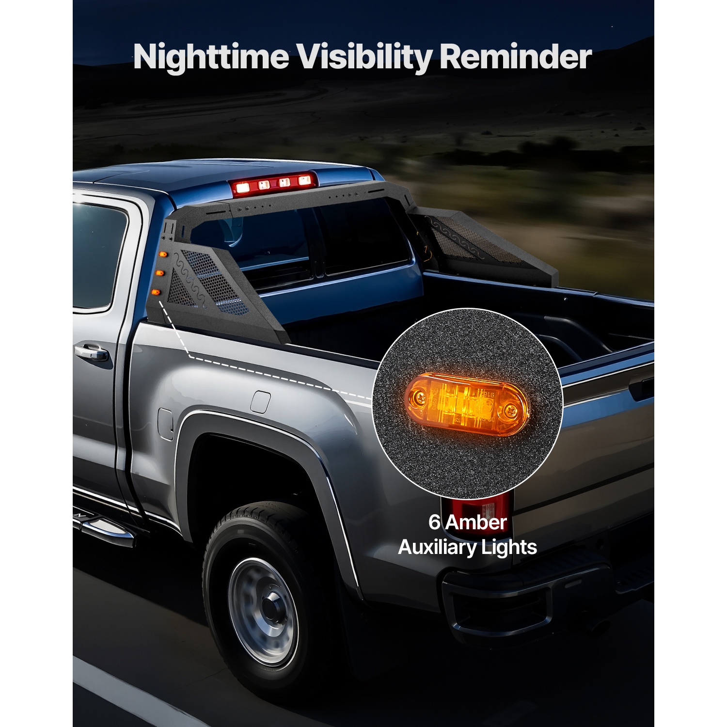 VEVOR Truck Bed Roll Bar, Universal Pickup Sport Adjustable Bar Chase Rack Compatible with Full-Size Truck, Carbon Steel Construction with 6 Amber