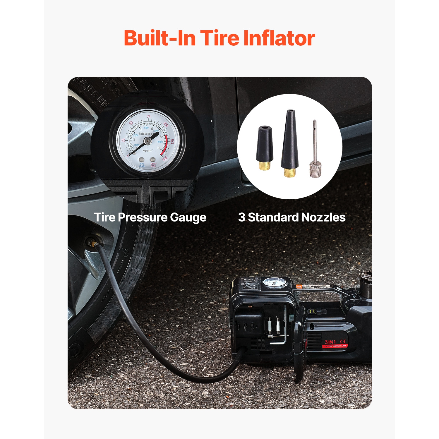 Cric d'auto électrique VEVOR de 5 tonnes/11000&nbsp;lb, cric élévateur hydraulique avec gonfleur intégré, remplacement des pneus 12&nbsp;V avec clé à