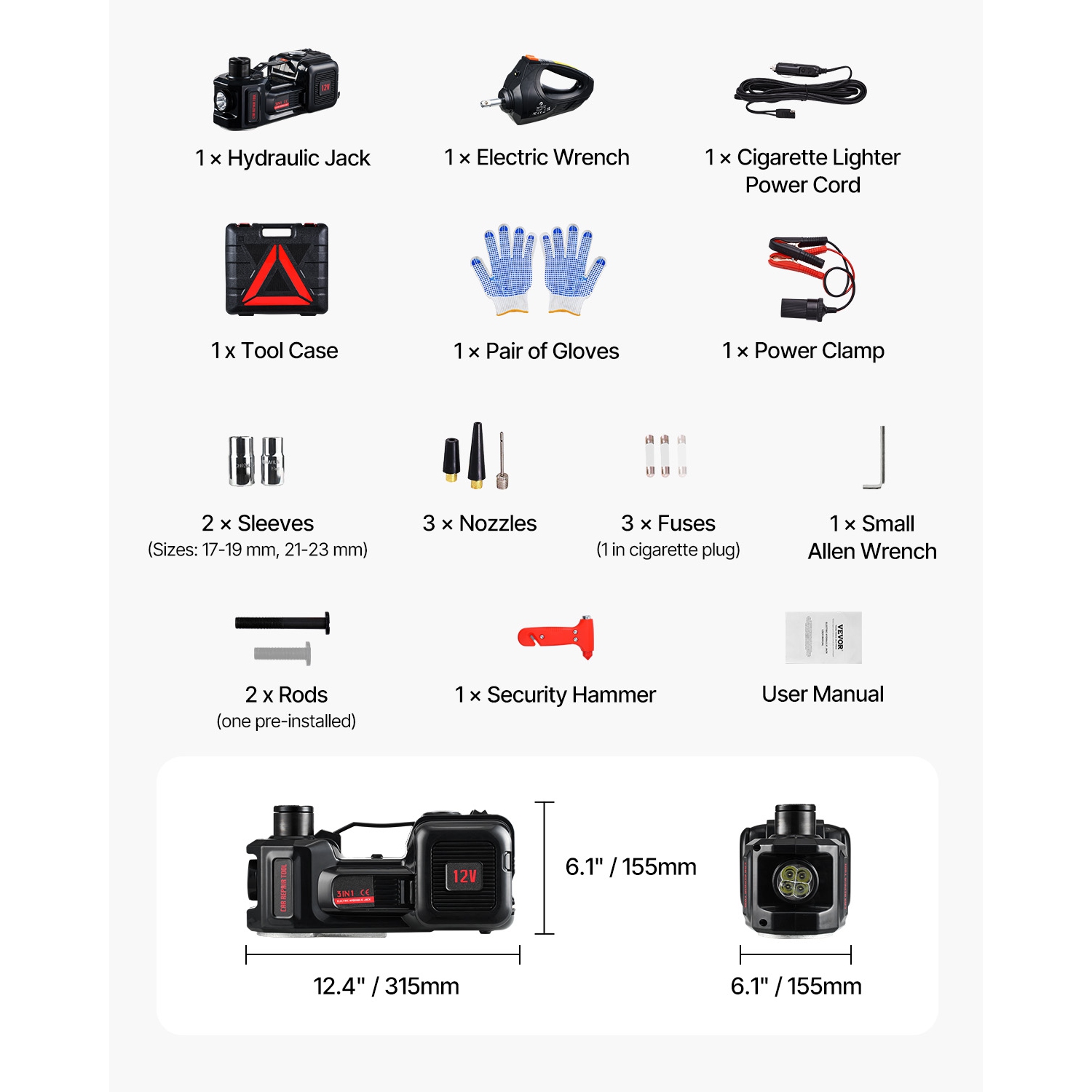 Cric d'auto électrique VEVOR de 5 tonnes/11000&nbsp;lb, cric élévateur hydraulique avec gonfleur intégré, remplacement des pneus 12&nbsp;V avec clé à