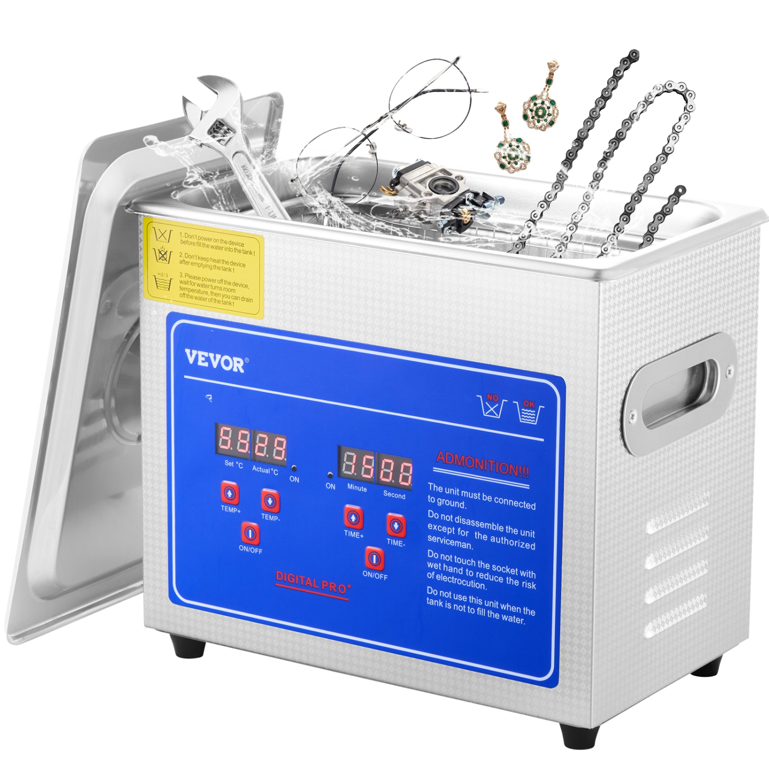 VEVOR 2.85 L Professional Ultrasonic Cleaner, Ultrasonic Jewelry Cleaner with Digital Timer & Heater, Stainless Steel Industrial Sonic Cleaner 40kHz