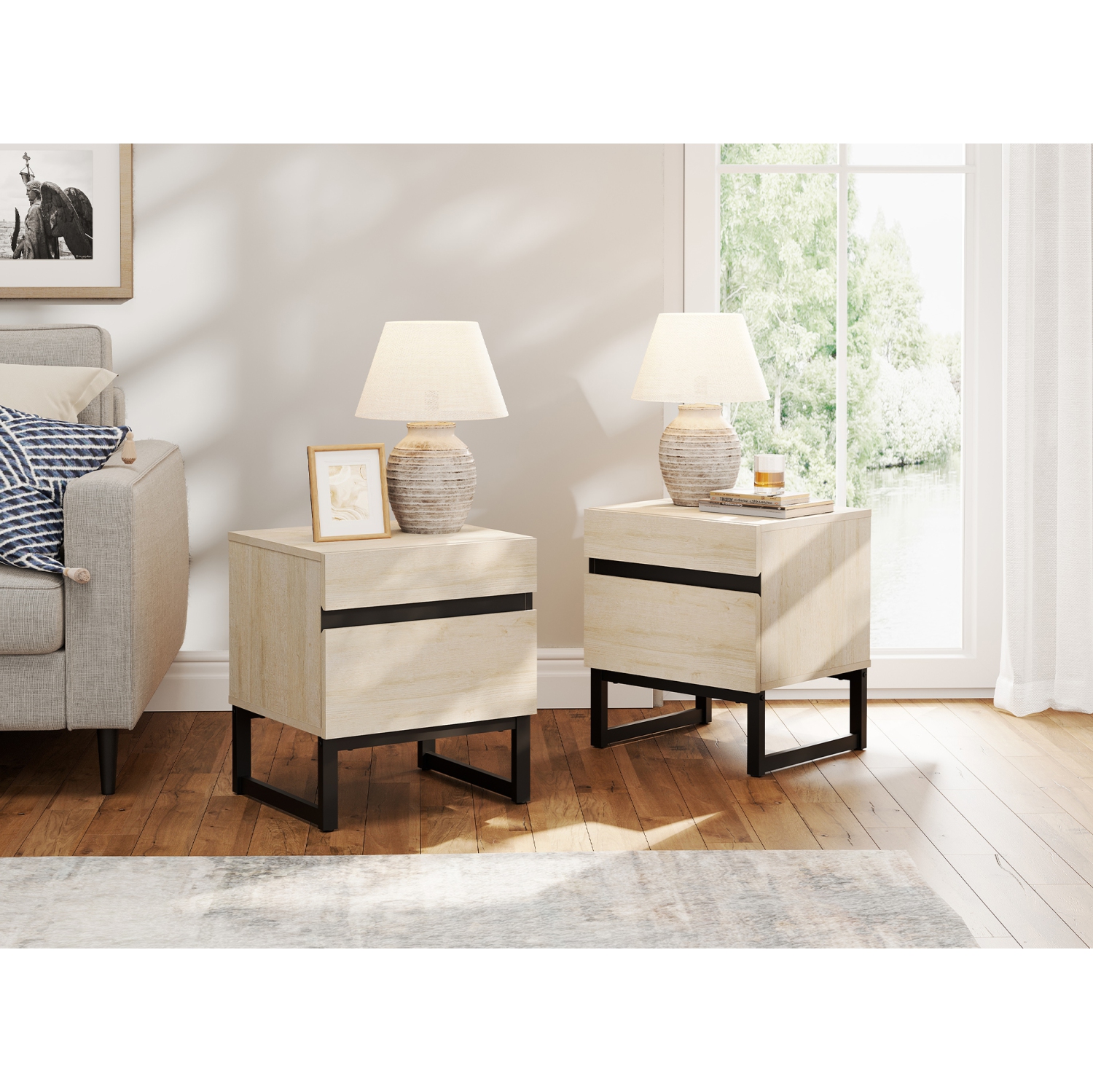 WAMPAT Set of 2 End Tables with 4 Drawers, Modern Sofa Side Tables with Storage for Small Spaces, Wooden Nightstands Bedside Tables for Living Room,