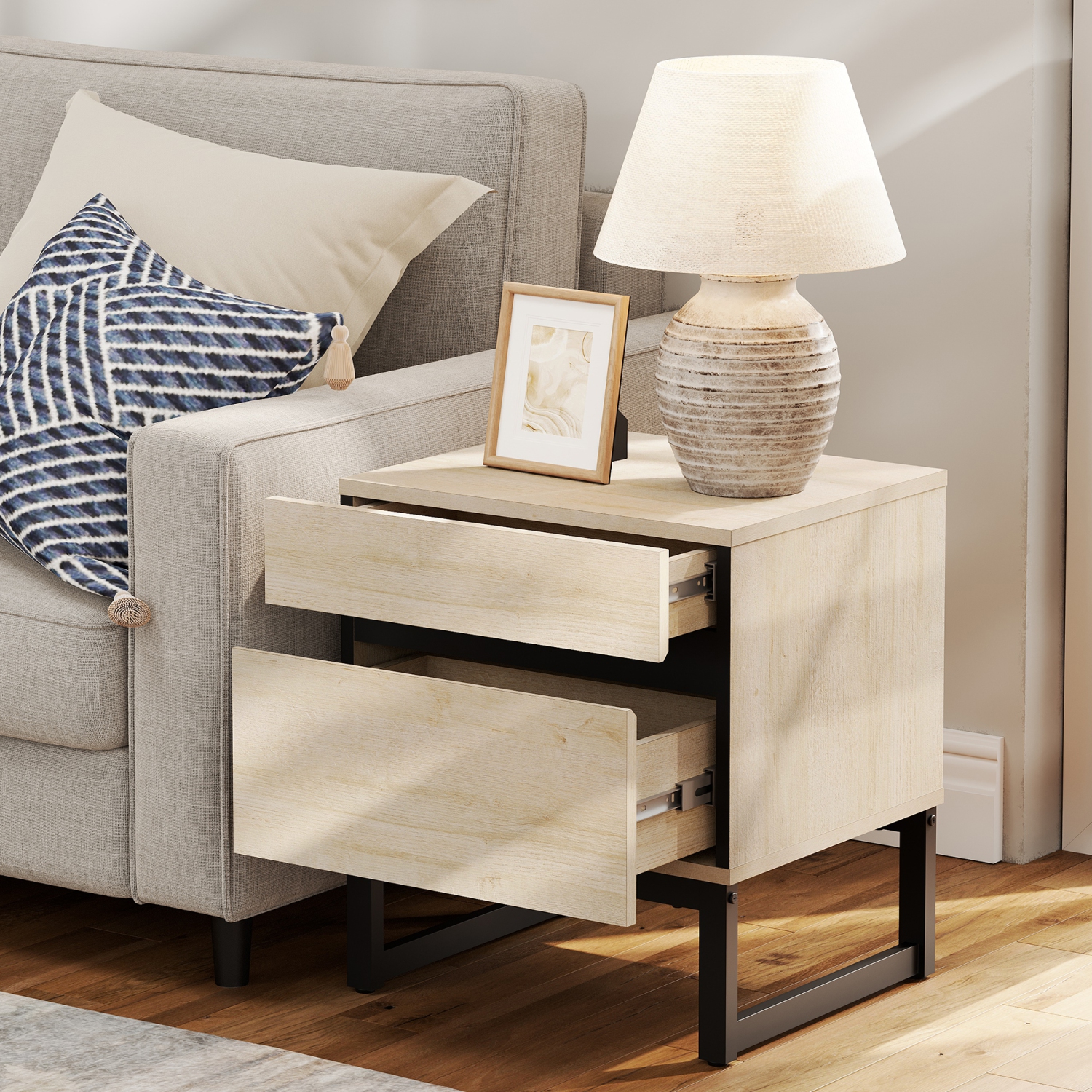 WAMPAT Set of 2 End Tables with 4 Drawers, Modern Sofa Side Tables with Storage for Small Spaces, Wooden Nightstands Bedside Tables for Living Room,