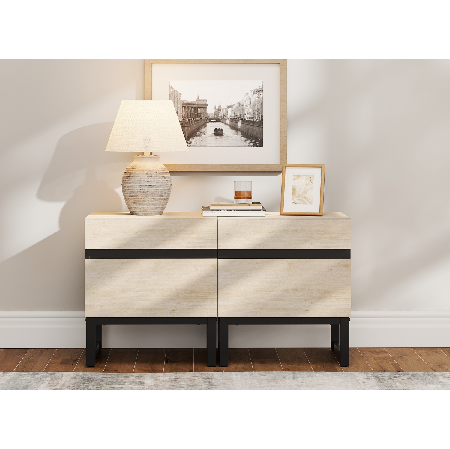 WAMPAT Set of 2 End Tables with 4 Drawers, Modern Sofa Side Tables with Storage for Small Spaces, Wooden Nightstands Bedside Tables for Living Room,