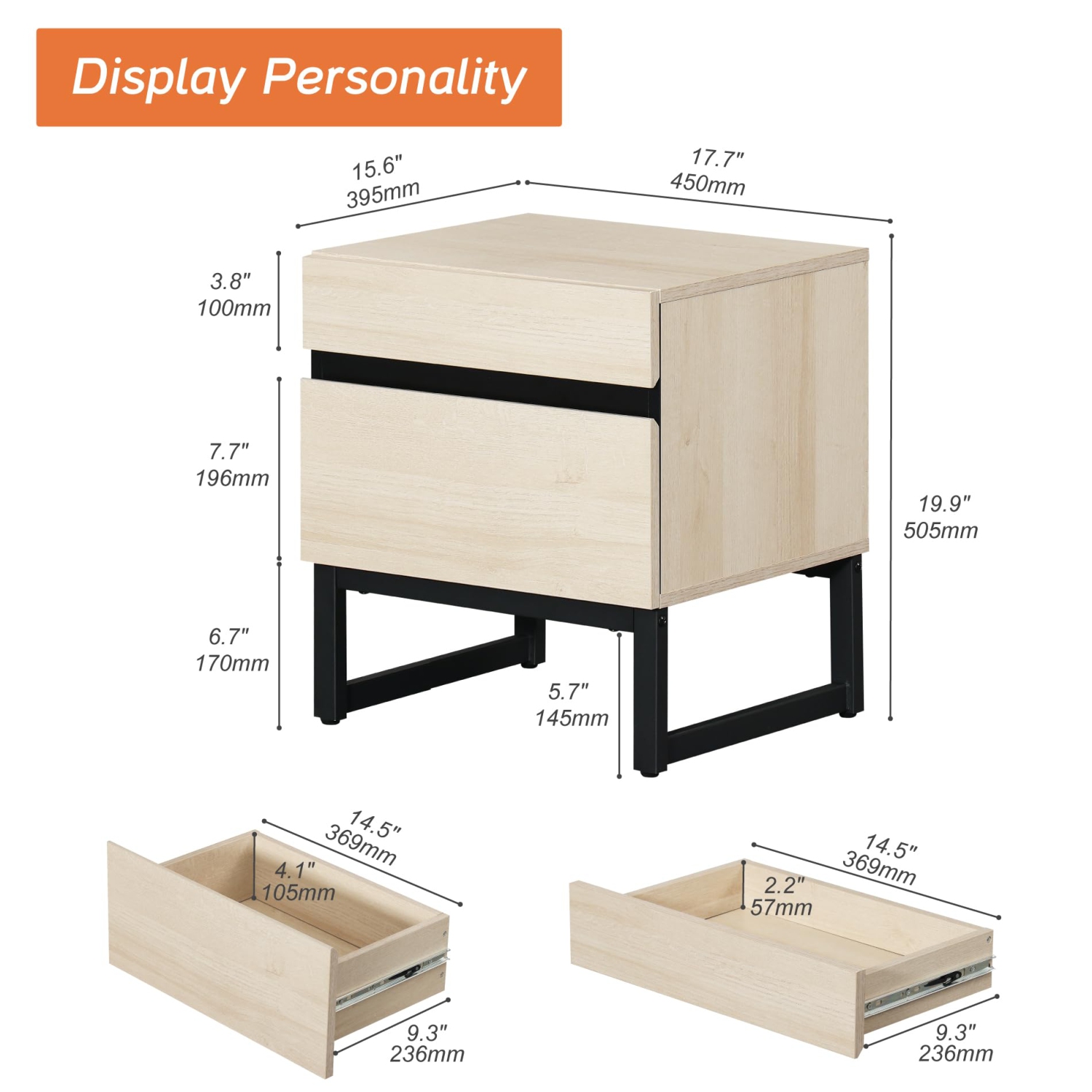 Table de bout moderne WAMPAT avec 2 tiroirs, table d'appoint avec canapé avec rangement pour petits espaces, table de chevet en bois pour salon,