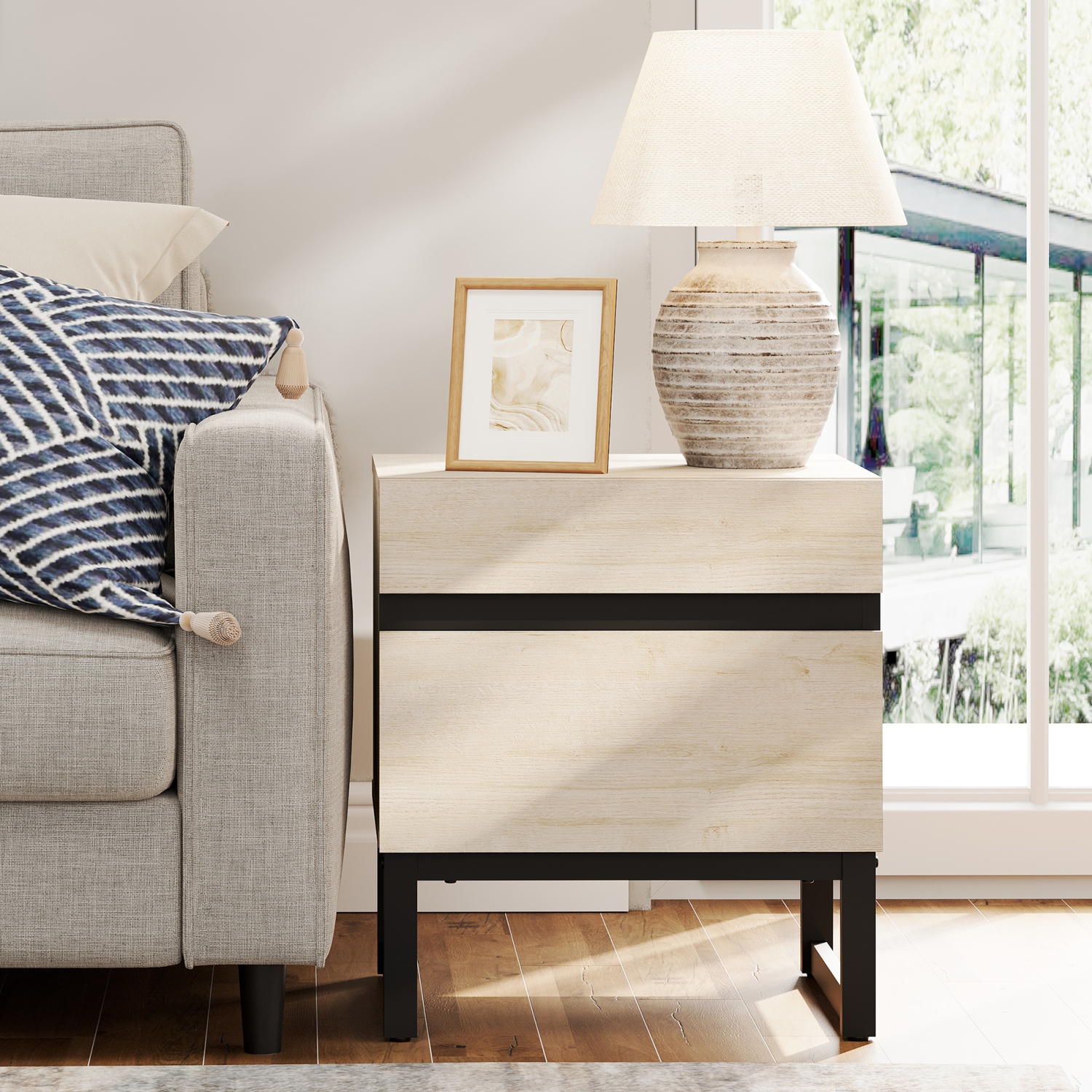 Table de bout moderne WAMPAT avec 2 tiroirs, table d'appoint avec canapé avec rangement pour petits espaces, table de chevet en bois pour salon,