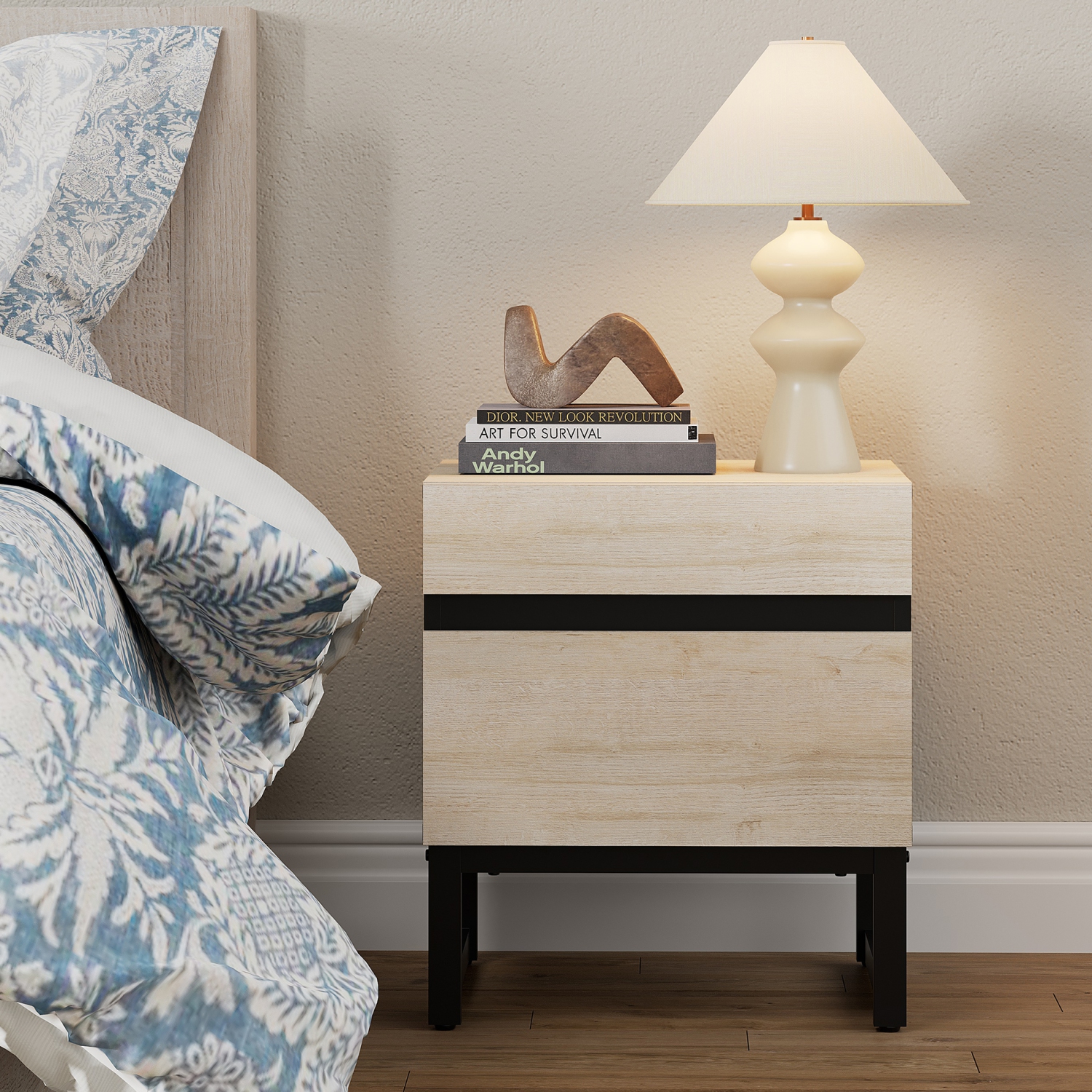 Table de bout moderne WAMPAT avec 2 tiroirs, table d'appoint avec canapé avec rangement pour petits espaces, table de chevet en bois pour salon,