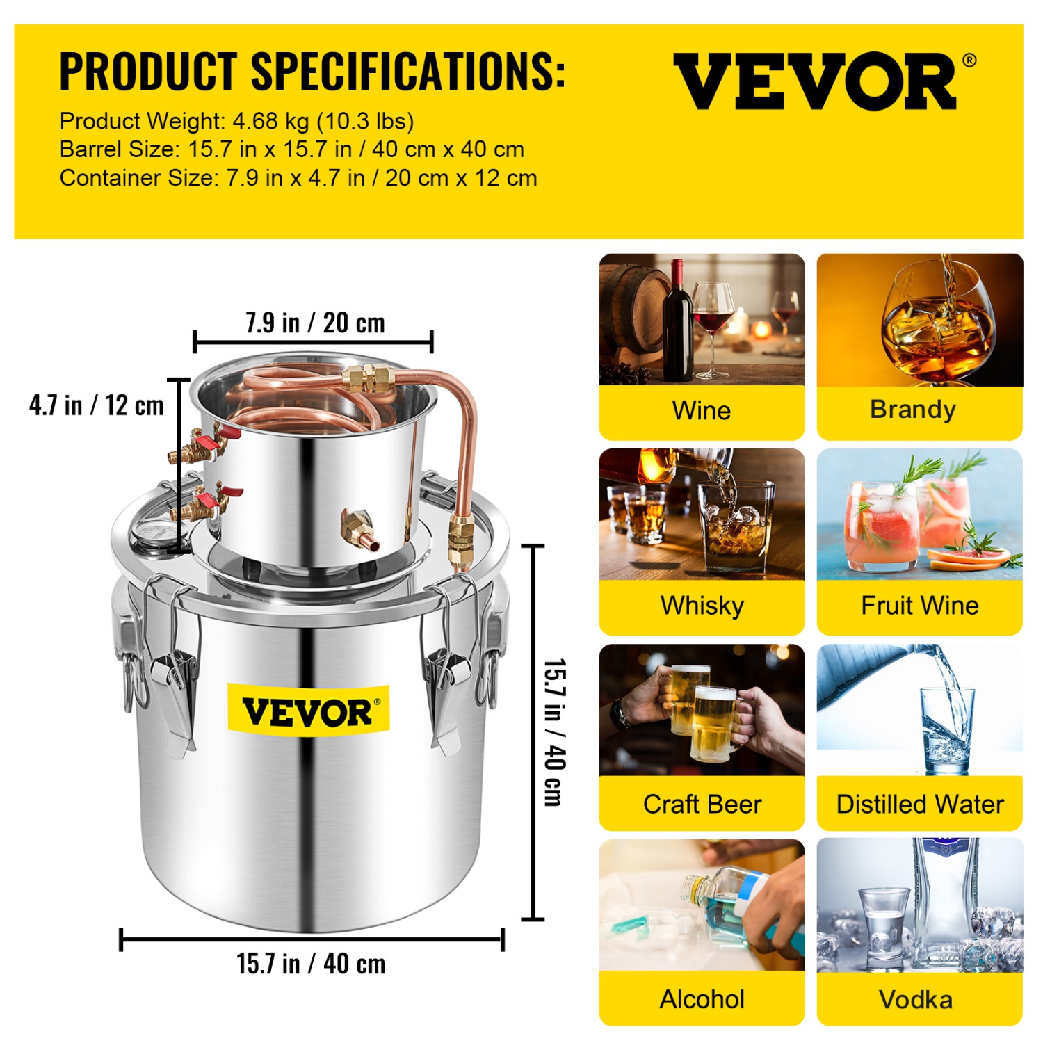 VEVOR 13.2Gal/50L Alcohol Distiller with Circulating Pump, Alcohol Still Copper Tube, Whiskey Distilling Kit with Thermometer, Whiskey Making Kit for