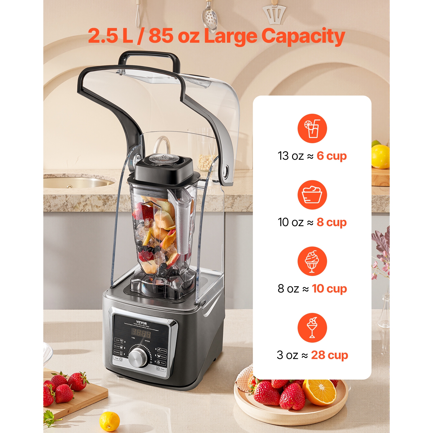 VEVOR 85 oz Blender for Smoothies, 1400W,with Powerful Motor, Professional Multi-Functional Food Processing Blender with Noise Cover for