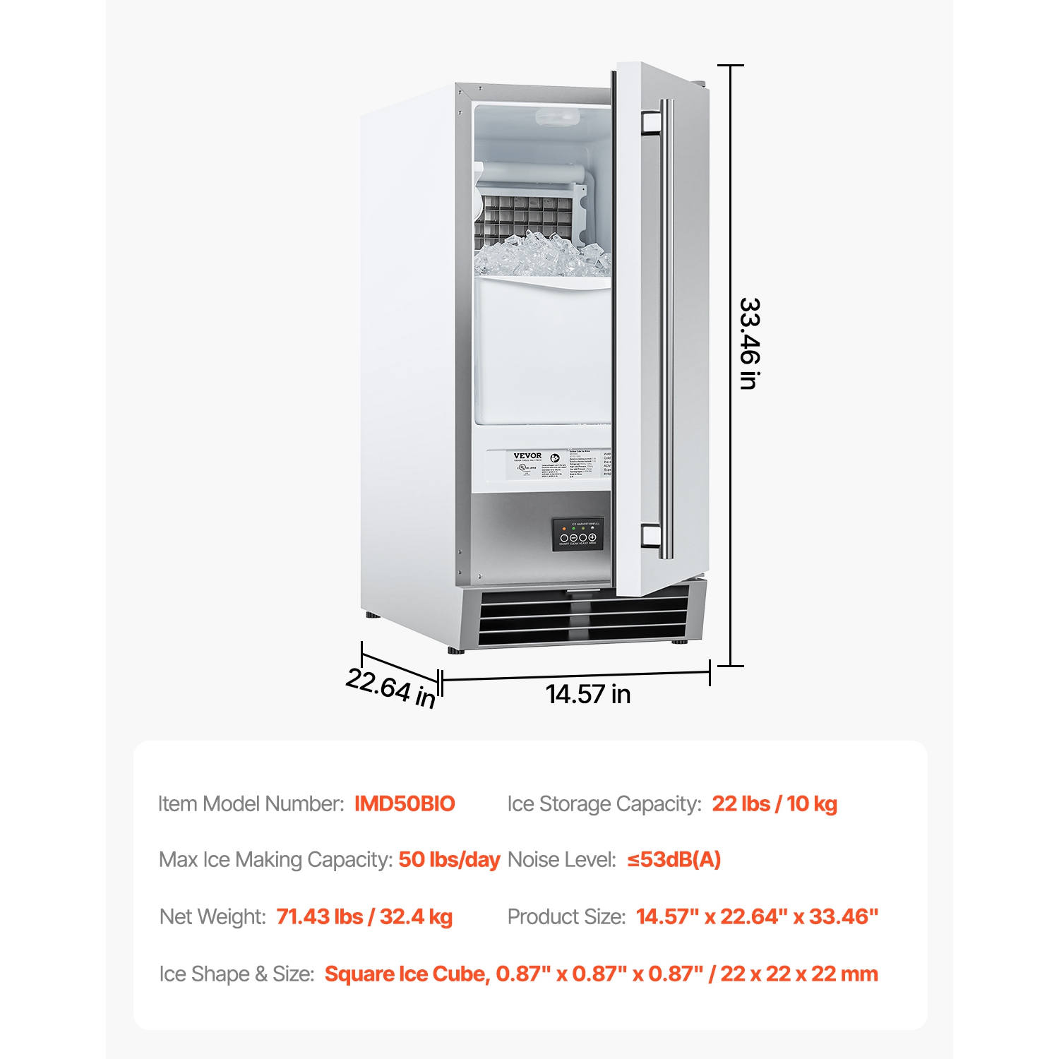 VEVOR 50 Lbs/Day Under Counter Built-in Ice Maker Machine with Reversible Door Stainless Steel, Freestanding Ice-Making Machine for Restaurant,