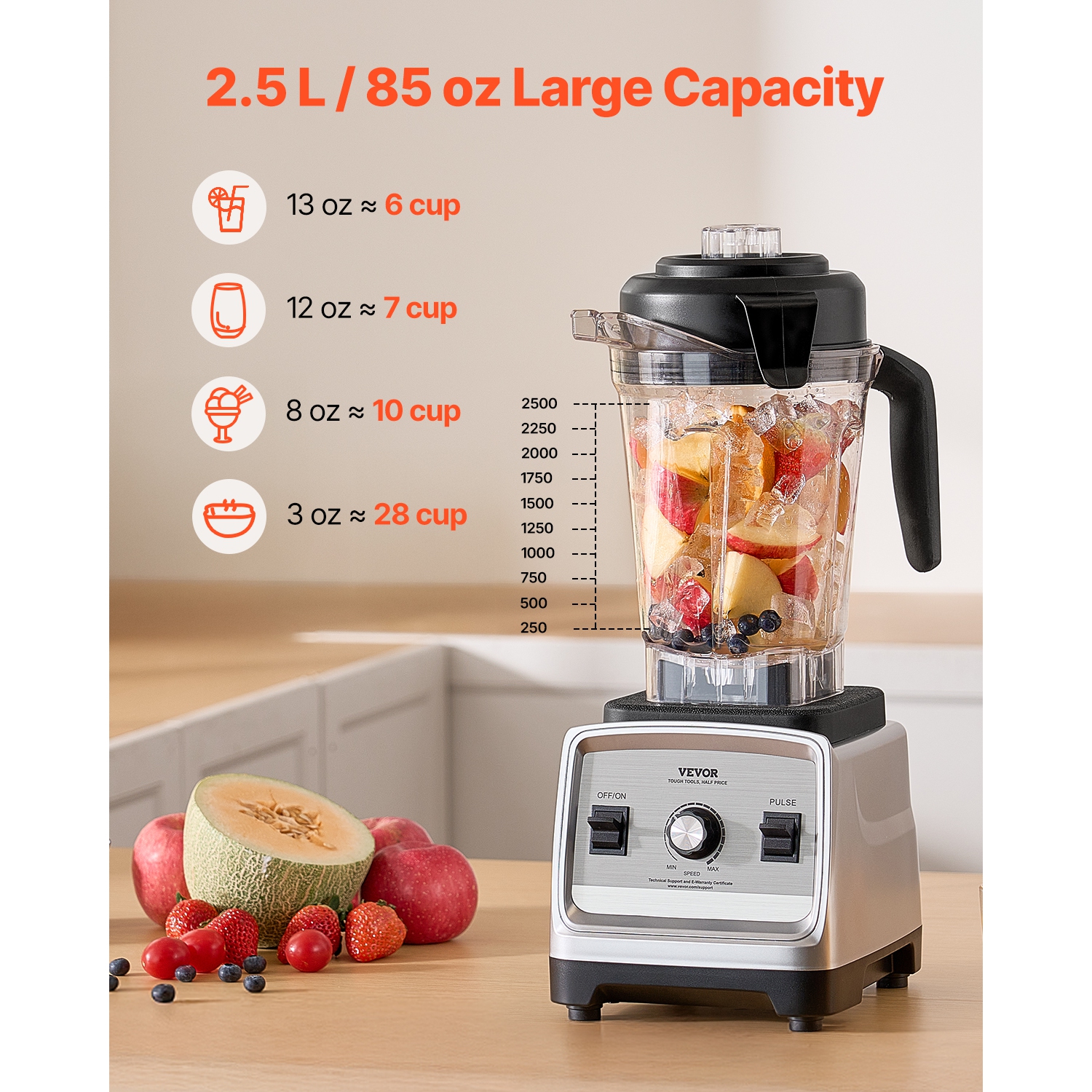 VEVOR 85 oz Blender for Smoothies, 1400W, Professional Blender with Powerful Motor, Multi-Functional Food Processing Blender with 2 Cups for