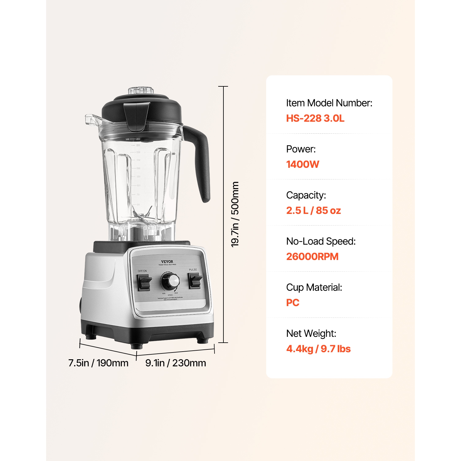 VEVOR 85 oz Blender for Smoothies, 1400W, Professional Blender with Powerful Motor, Multi-Functional Food Processing Blender with 2 Cups for