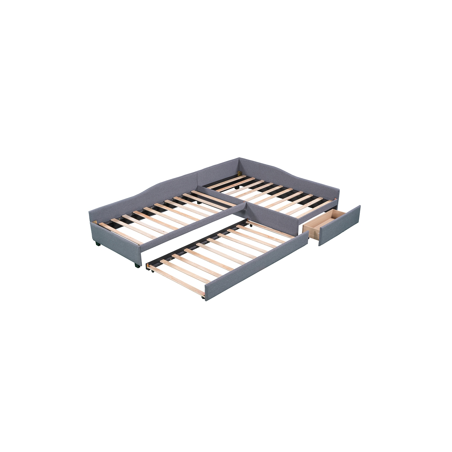 Lit de repos double rembourré Kepooman avec lit gigogne et tiroir, gris