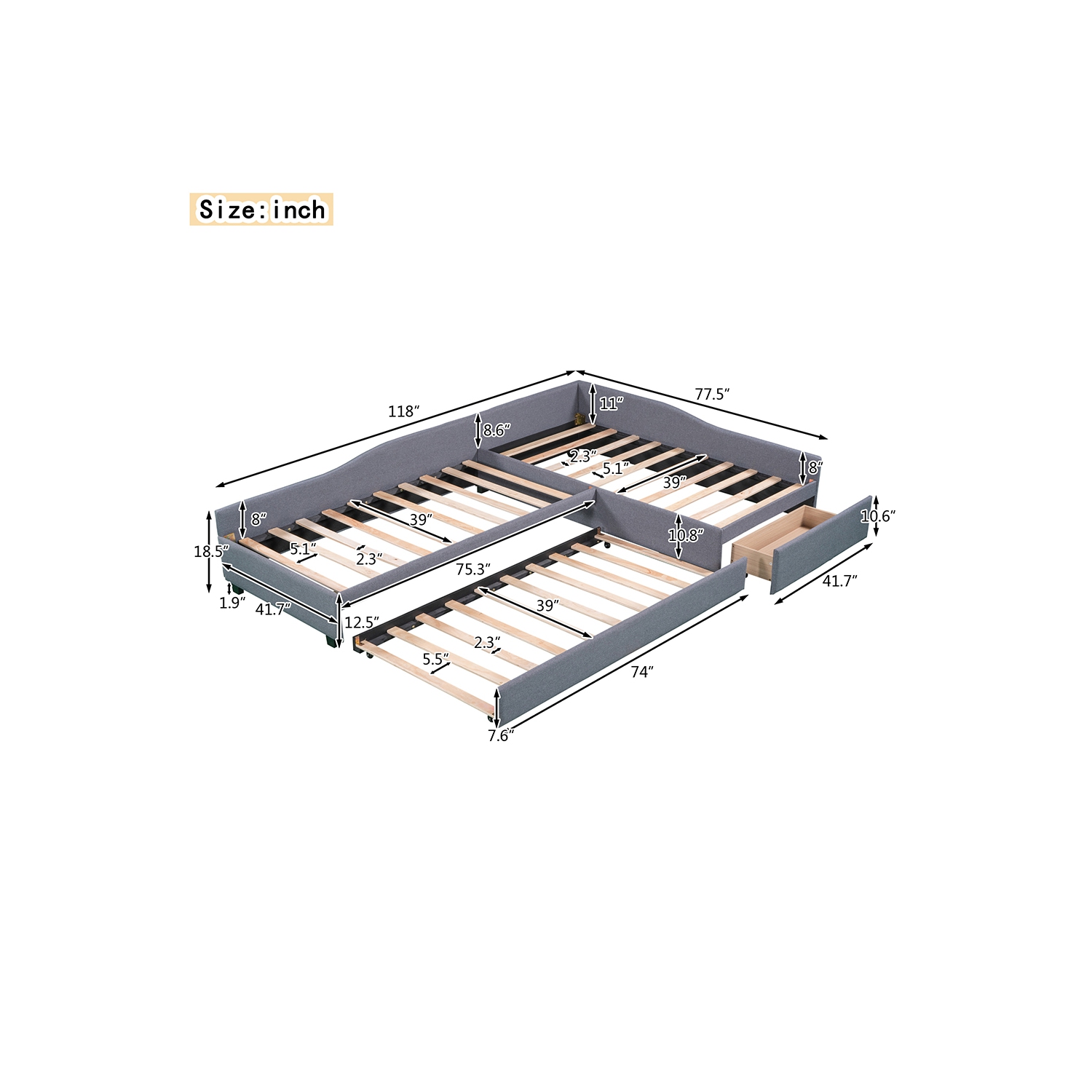 Lit de repos double rembourré Kepooman avec lit gigogne et tiroir, gris