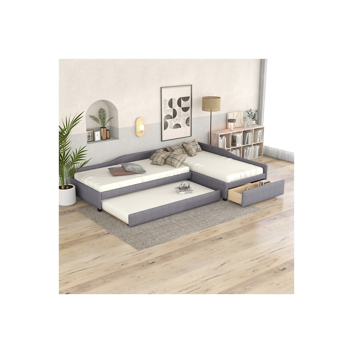 Lit de repos double rembourré Kepooman avec lit gigogne et tiroir, gris