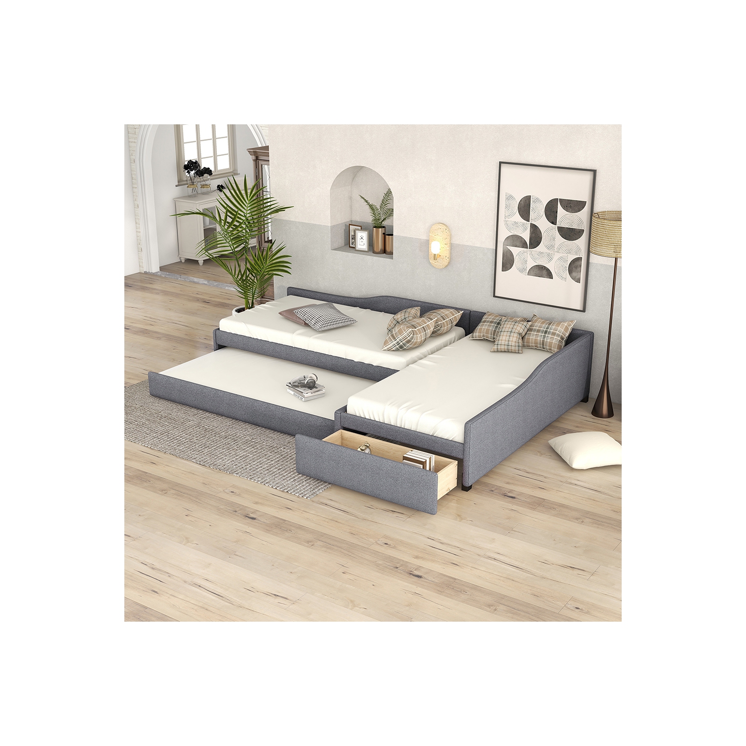 Lit de repos double rembourré Kepooman avec lit gigogne et tiroir, gris