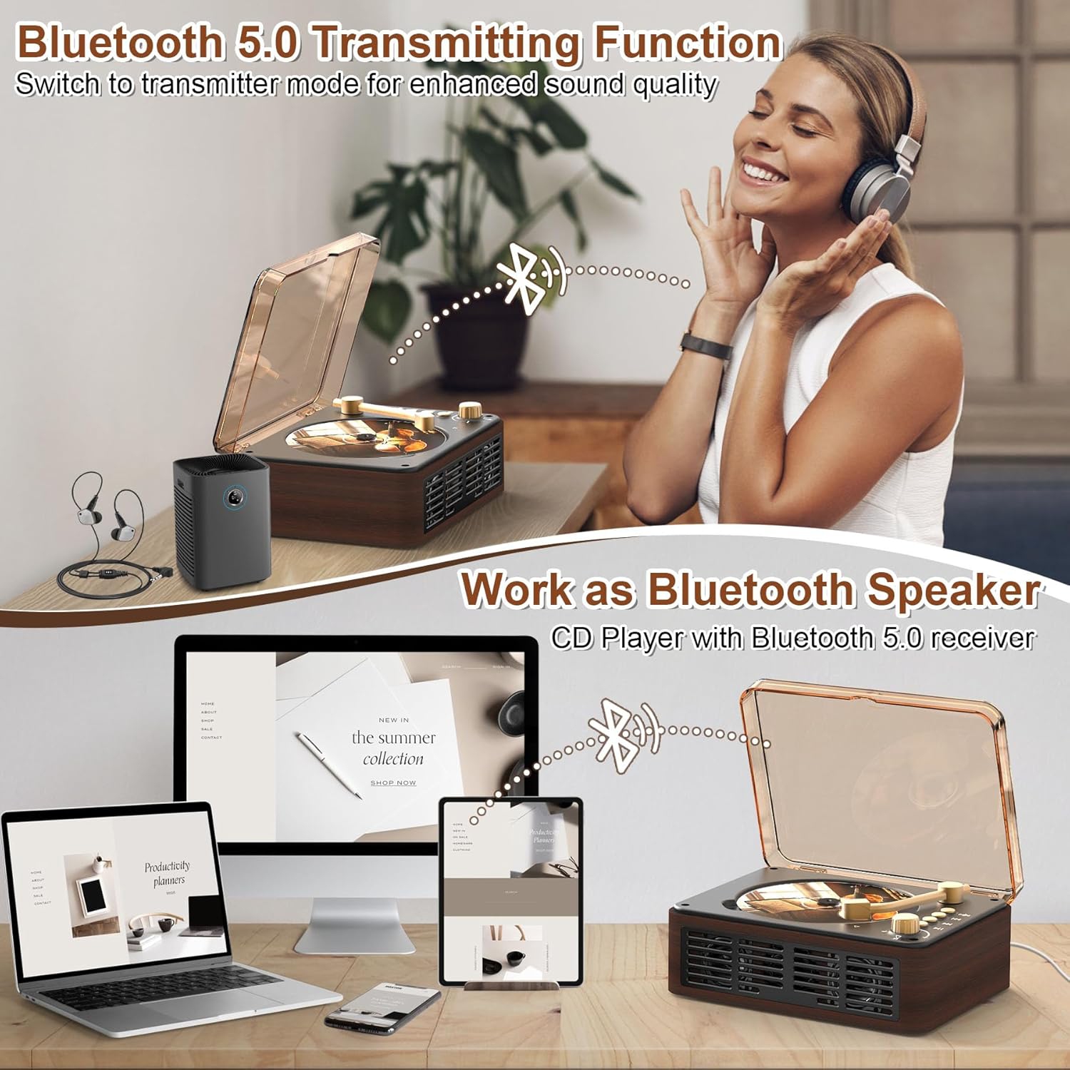 Lecteur CD portatif Bluetooth avec haut-parleur,Lecteur CD de bureau pour la maison,Double haut-parleur stéréo intégré,Radio