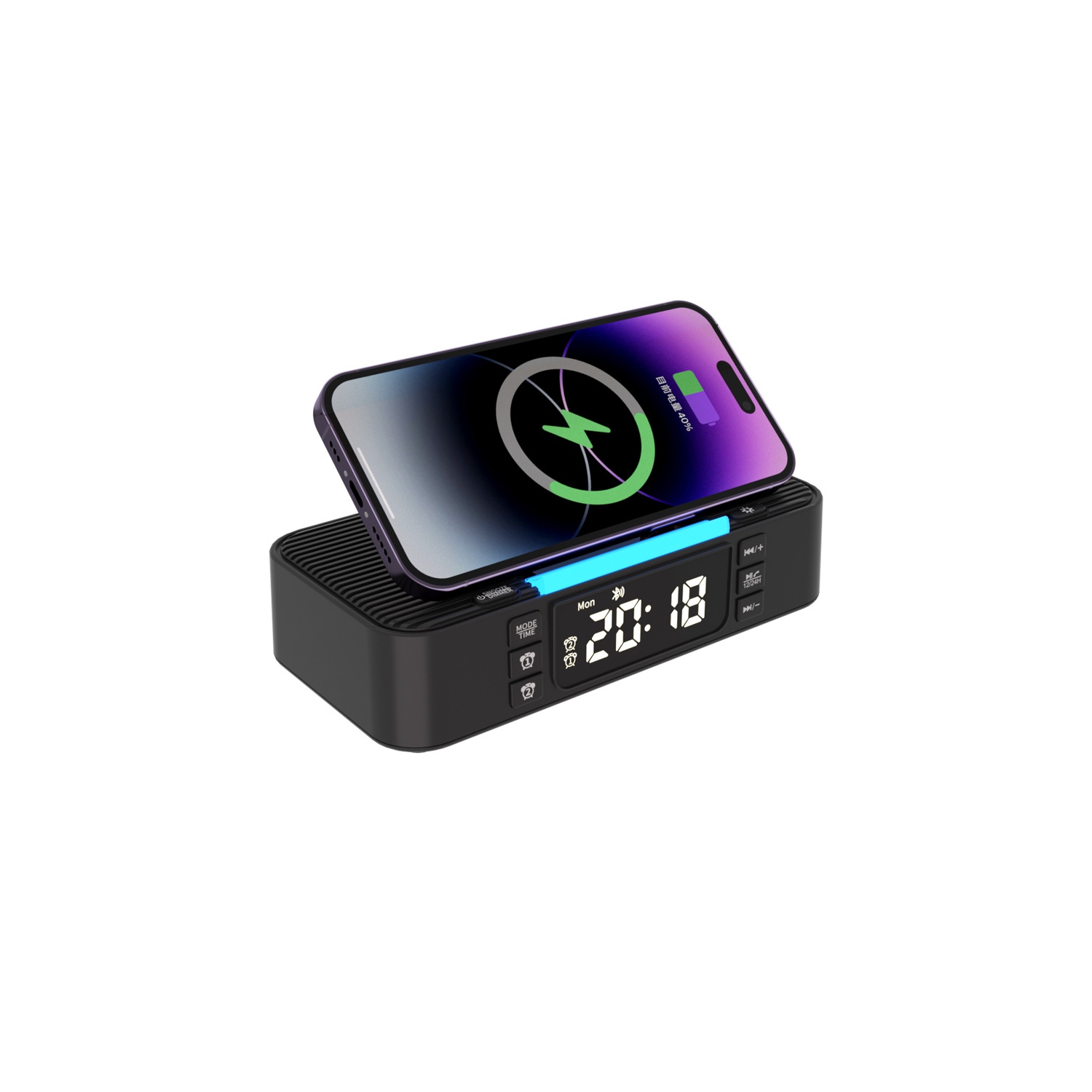 Wireless Charging Station with Bluetooth Speaker Alarm Clock FM Radio Night Light,Phone Holder Wireless Charger,Portable Speaker for Bedroom Home