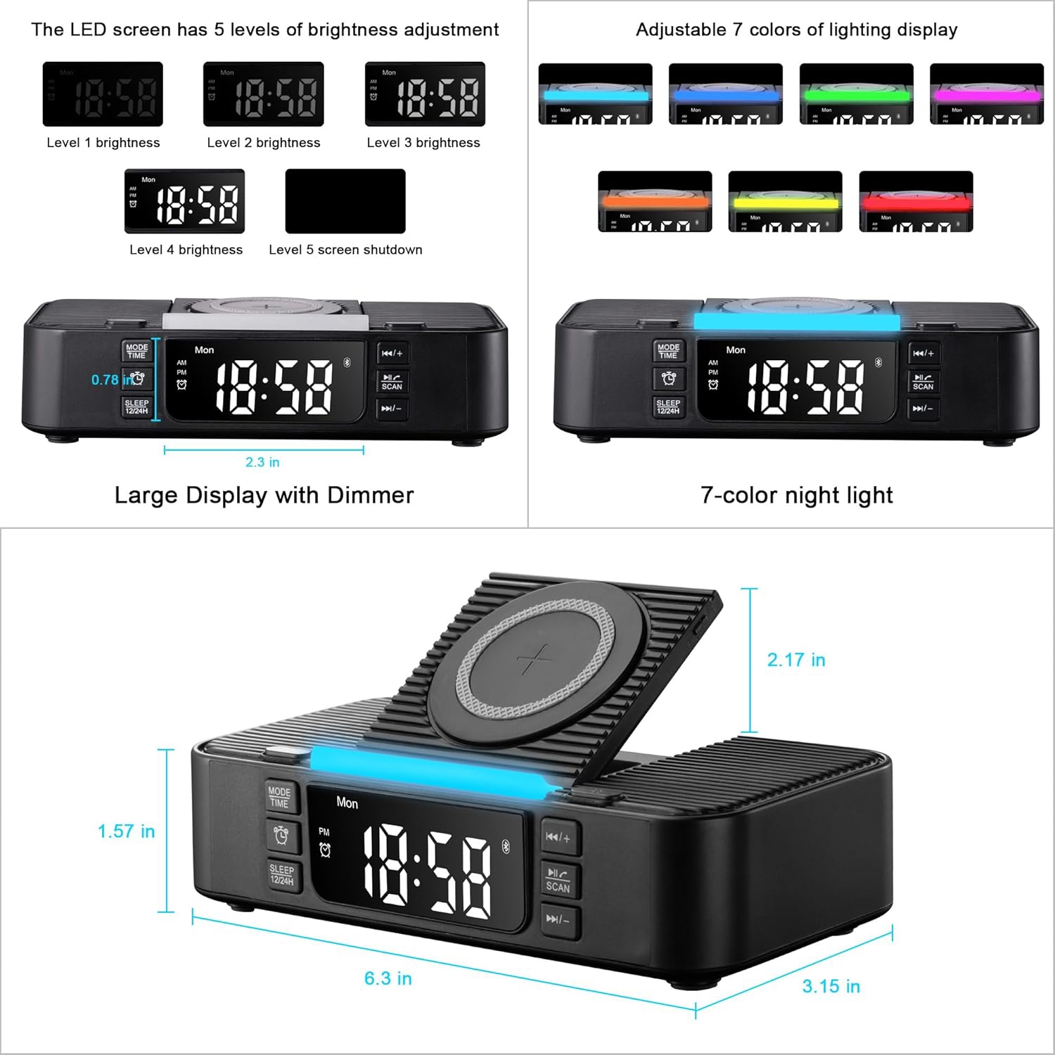Wireless Charging Station with Bluetooth Speaker Alarm Clock FM Radio Night Light,Phone Holder Wireless Charger,Portable Speaker for Bedroom Home