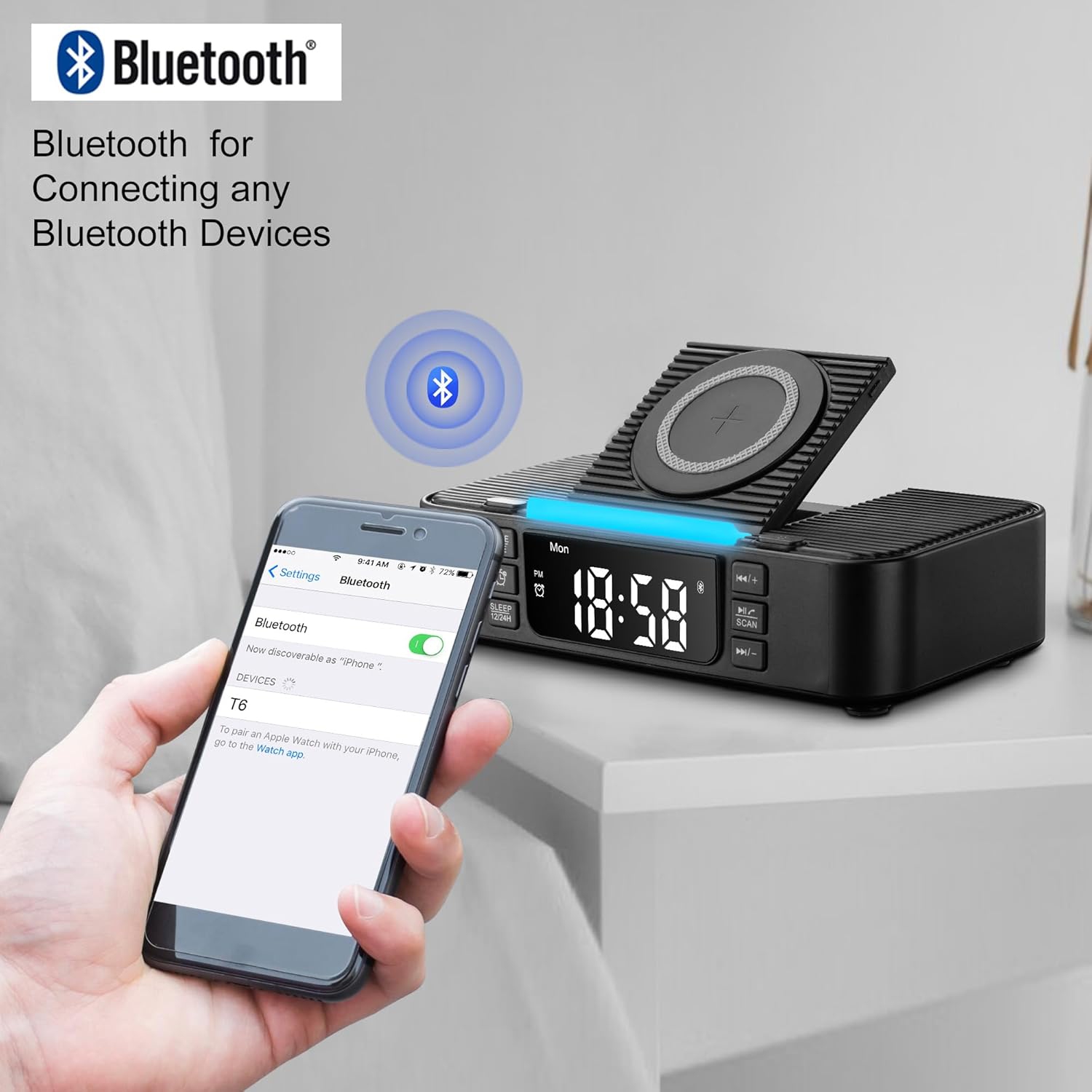 Wireless Charging Station with Bluetooth Speaker Alarm Clock FM Radio Night Light,Phone Holder Wireless Charger,Portable Speaker for Bedroom Home