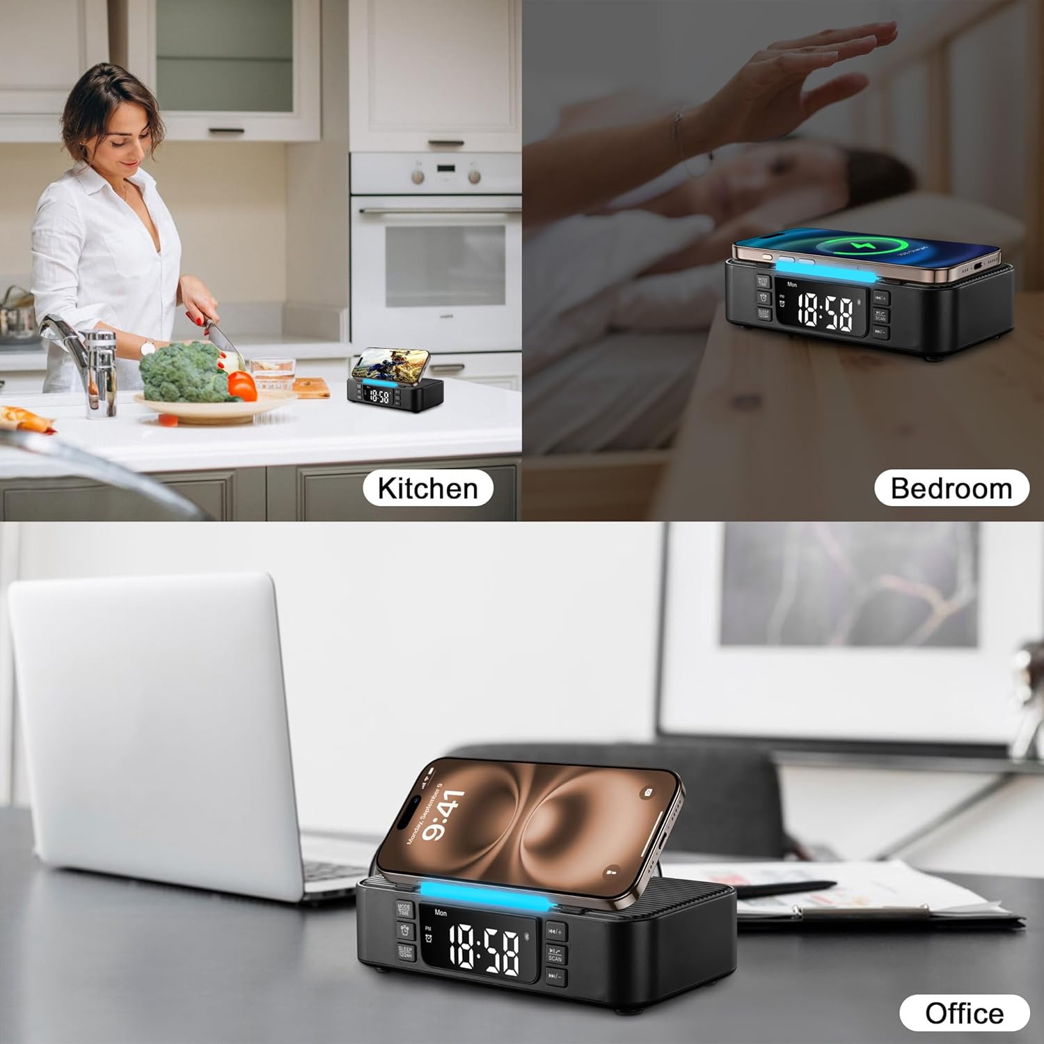Wireless Charging Station with Bluetooth Speaker Alarm Clock FM Radio Night Light,Phone Holder Wireless Charger,Portable Speaker for Bedroom Home