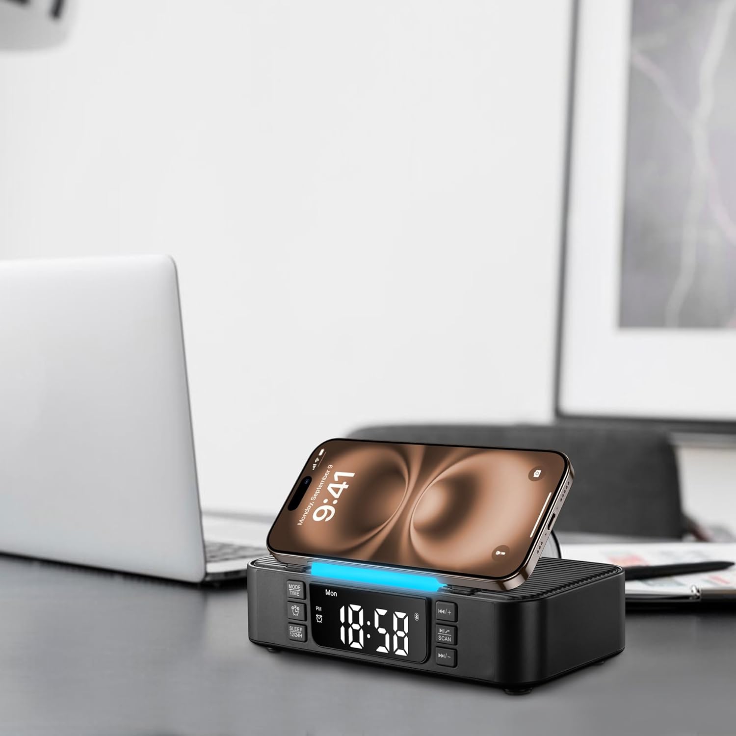 Wireless Charging Station with Bluetooth Speaker Alarm Clock FM Radio Night Light,Phone Holder Wireless Charger,Portable Speaker for Bedroom Home