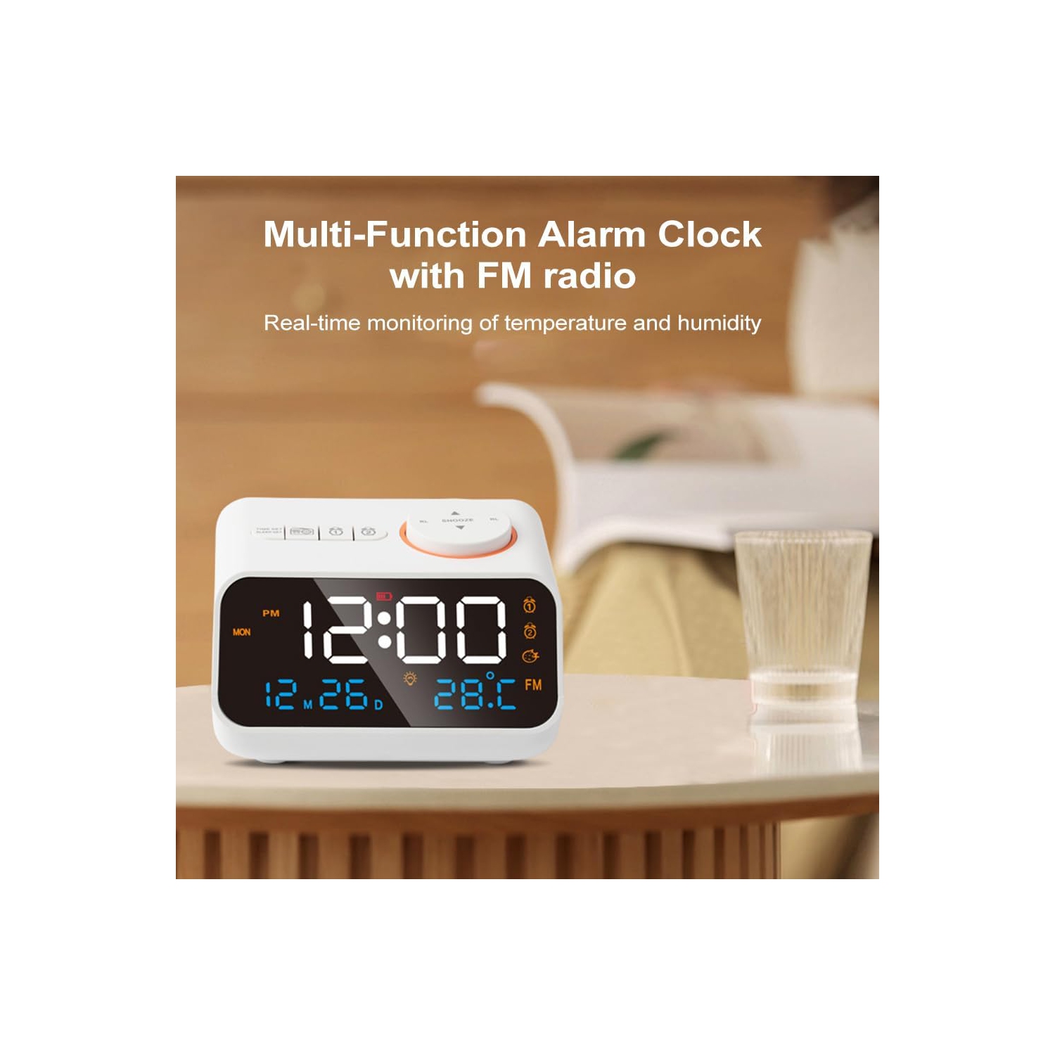 Réveil numérique avec radio FM pour chambre à coucher, appareil sonore pour le sommeil avec minuterie, alarme double, thermomètre, alarme forte pour