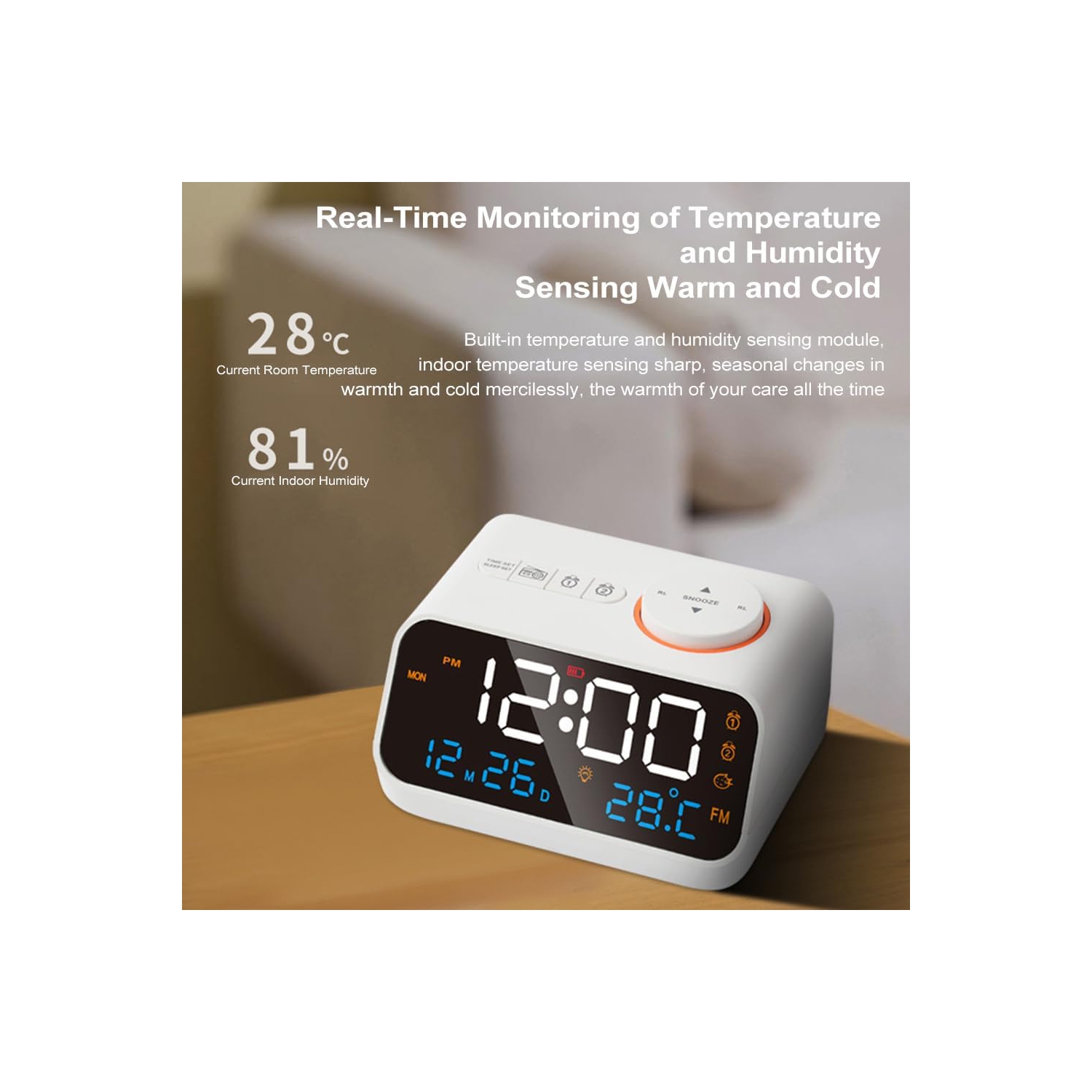 Réveil numérique avec radio FM pour chambre à coucher, appareil sonore pour le sommeil avec minuterie, alarme double, thermomètre, alarme forte pour