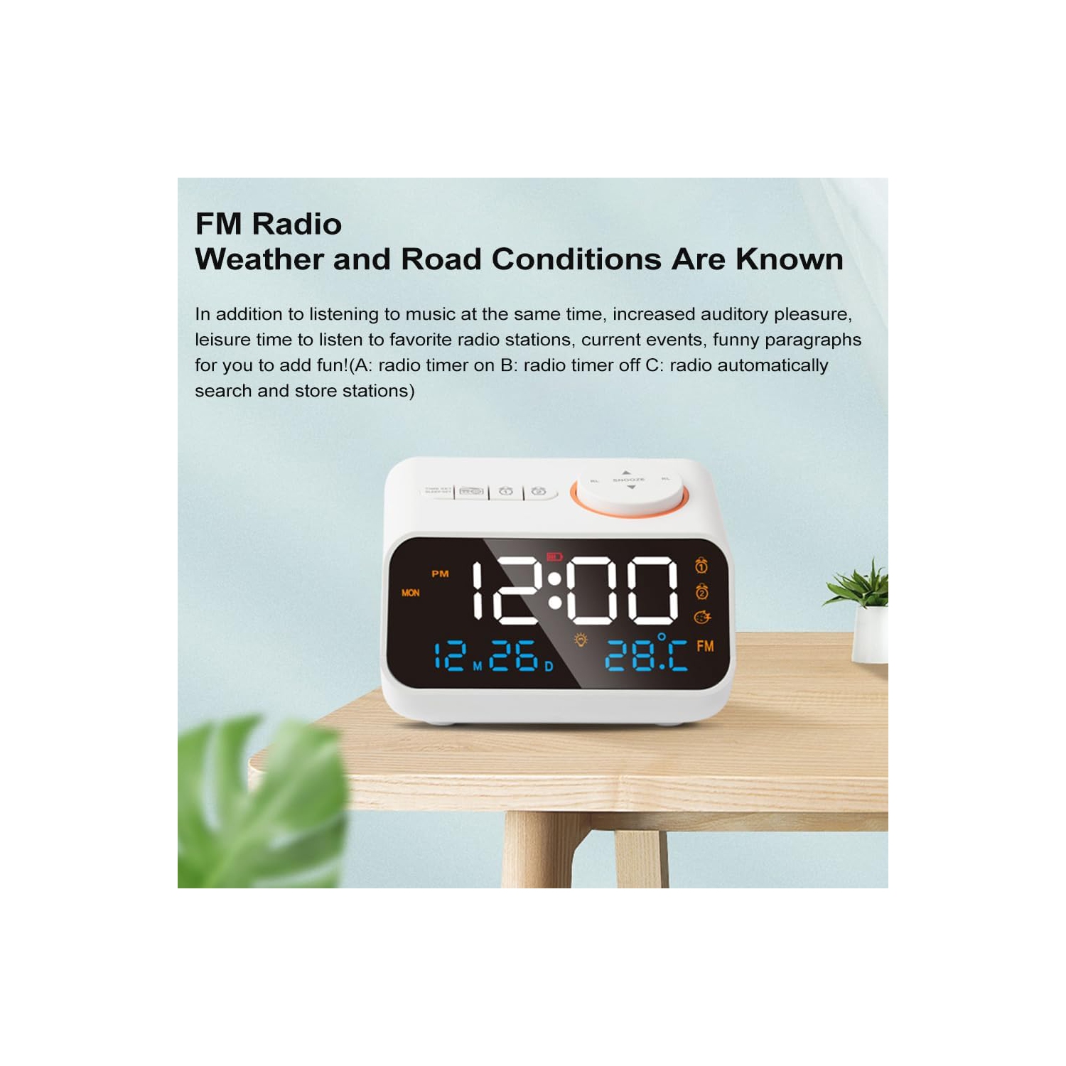 Réveil numérique avec radio FM pour chambre à coucher, appareil sonore pour le sommeil avec minuterie, alarme double, thermomètre, alarme forte pour