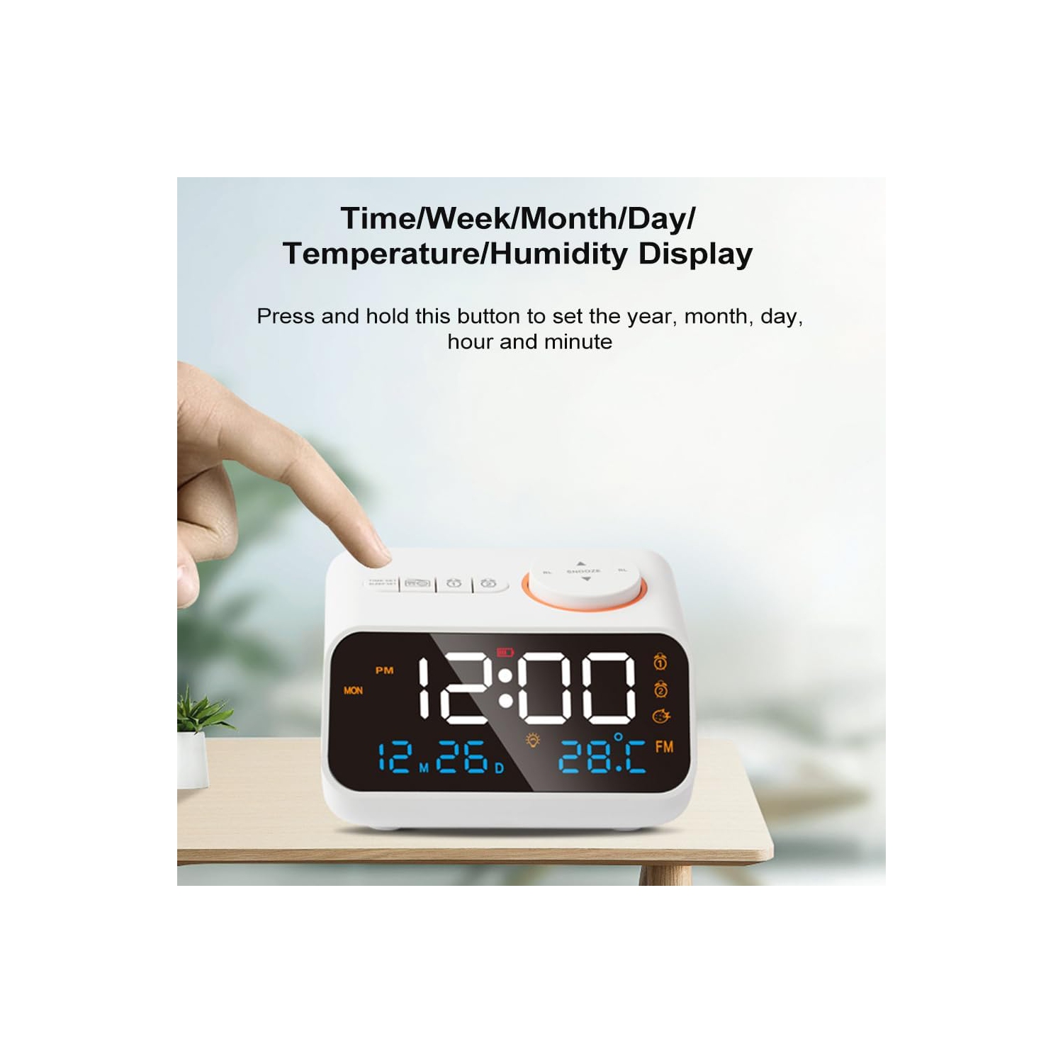 Réveil numérique avec radio FM pour chambre à coucher, appareil sonore pour le sommeil avec minuterie, alarme double, thermomètre, alarme forte pour