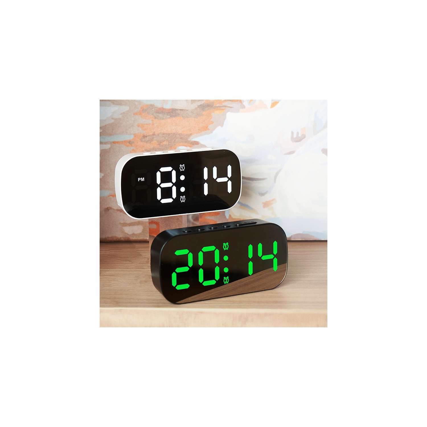 Simple ins style LED digital display electronic clock, digital desktop small alarm clock, student children's mirror alarm clock-White pink light