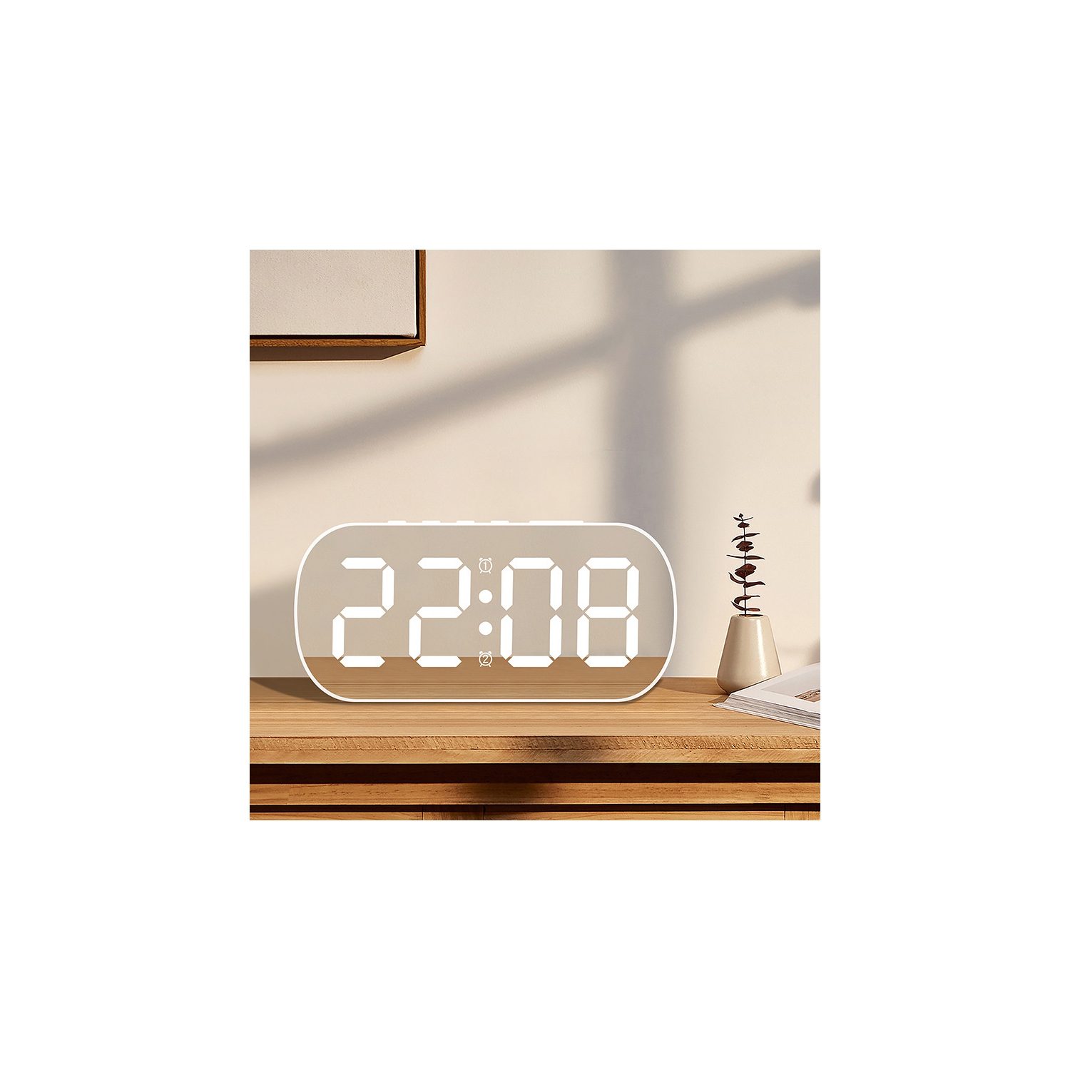 Simple ins style LED digital display electronic clock, digital desktop small alarm clock, student children's mirror alarm clock-White pink light