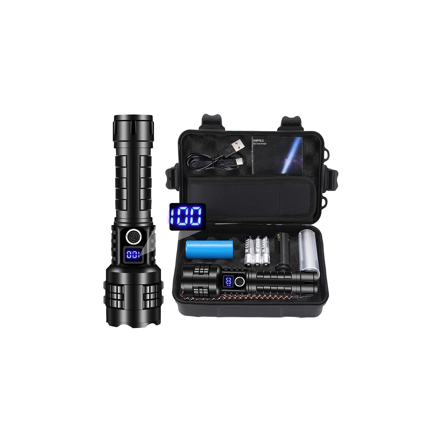 Populaire auto-défense LED lampe de poche haute intensité type C rechargeable maison écran numérique extérieur dédié lampe de poche USB C LED haute