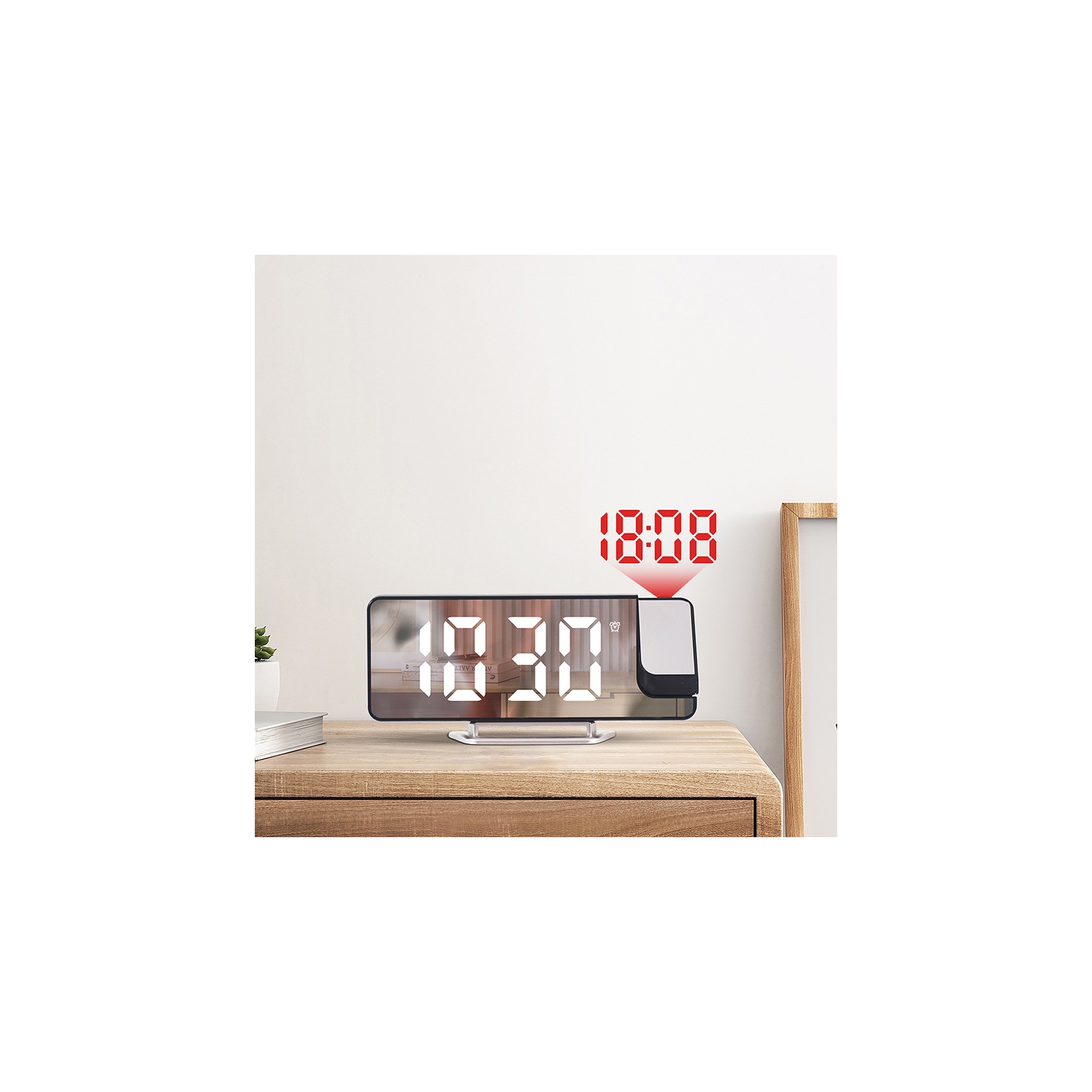 Hot-selling LED large screen mirror projection alarm clock, display temperature sensing electronic clock, 180° rotatable, multi-color electronic