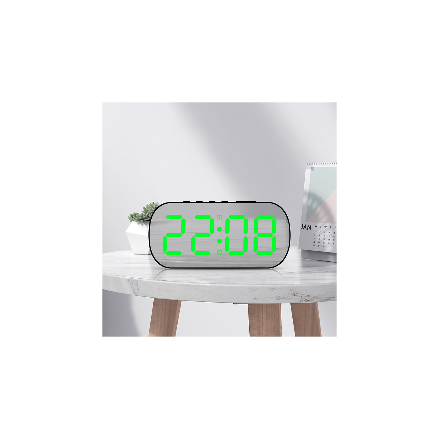 Simple ins style LED digital display electronic clock, digital desktop small alarm clock, student children's mirror alarm clock-White white light