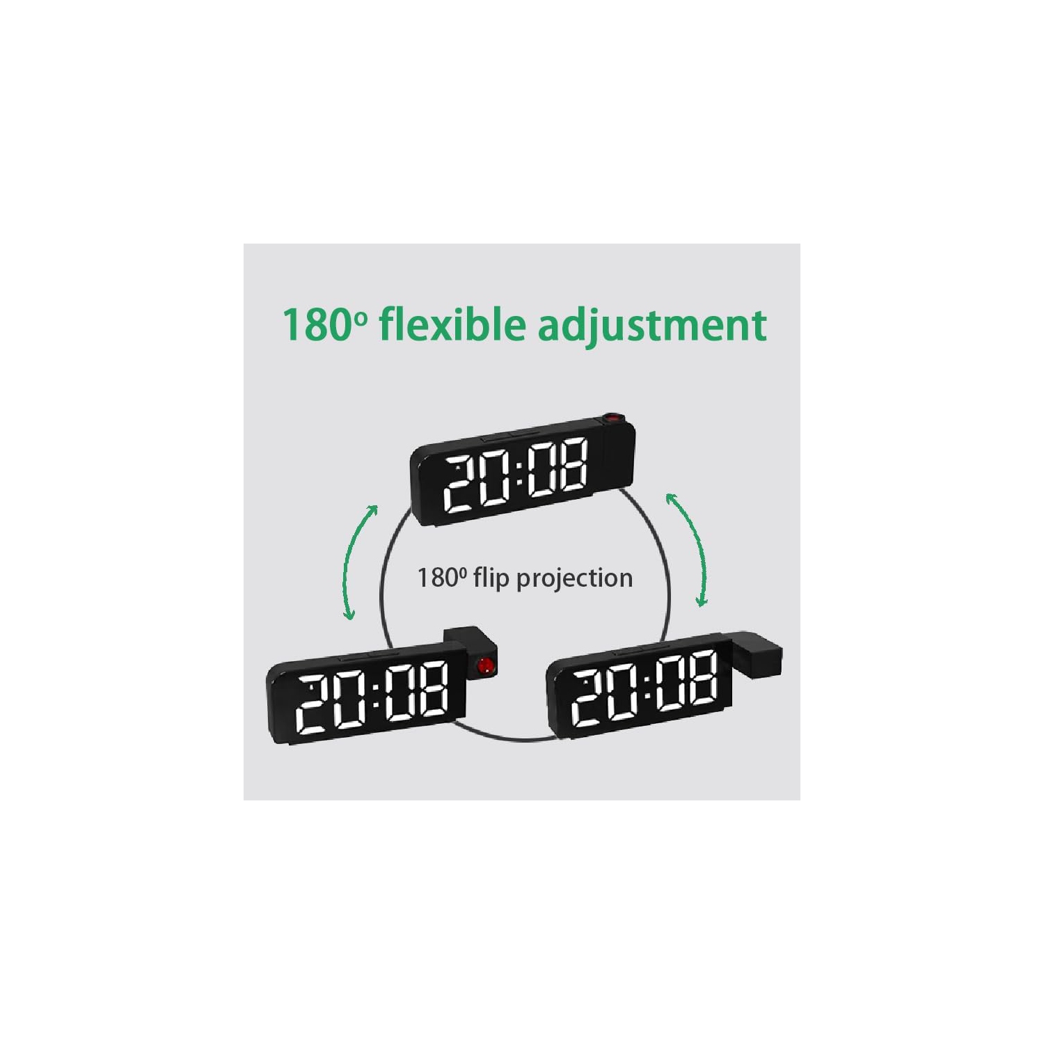 Réveille-matin à projection miroir à grand écran LED, horloge électronique à détection de température d'affichage, rotatif à 180°, réveil