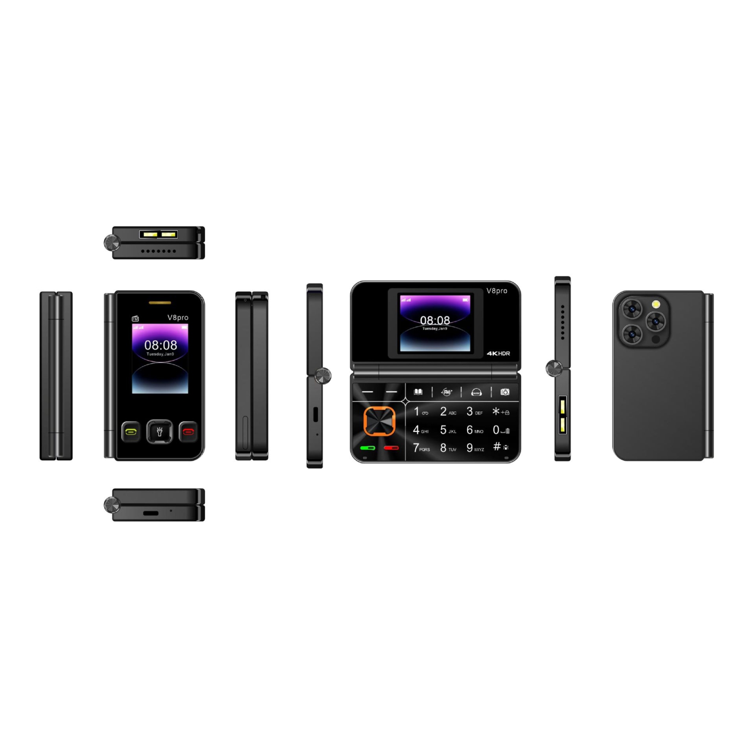 V8pro dual screen folding flip feature phone 2G elderly flip phone large font elderly phone rectangular flip design audio basic phone 1.8 inch large