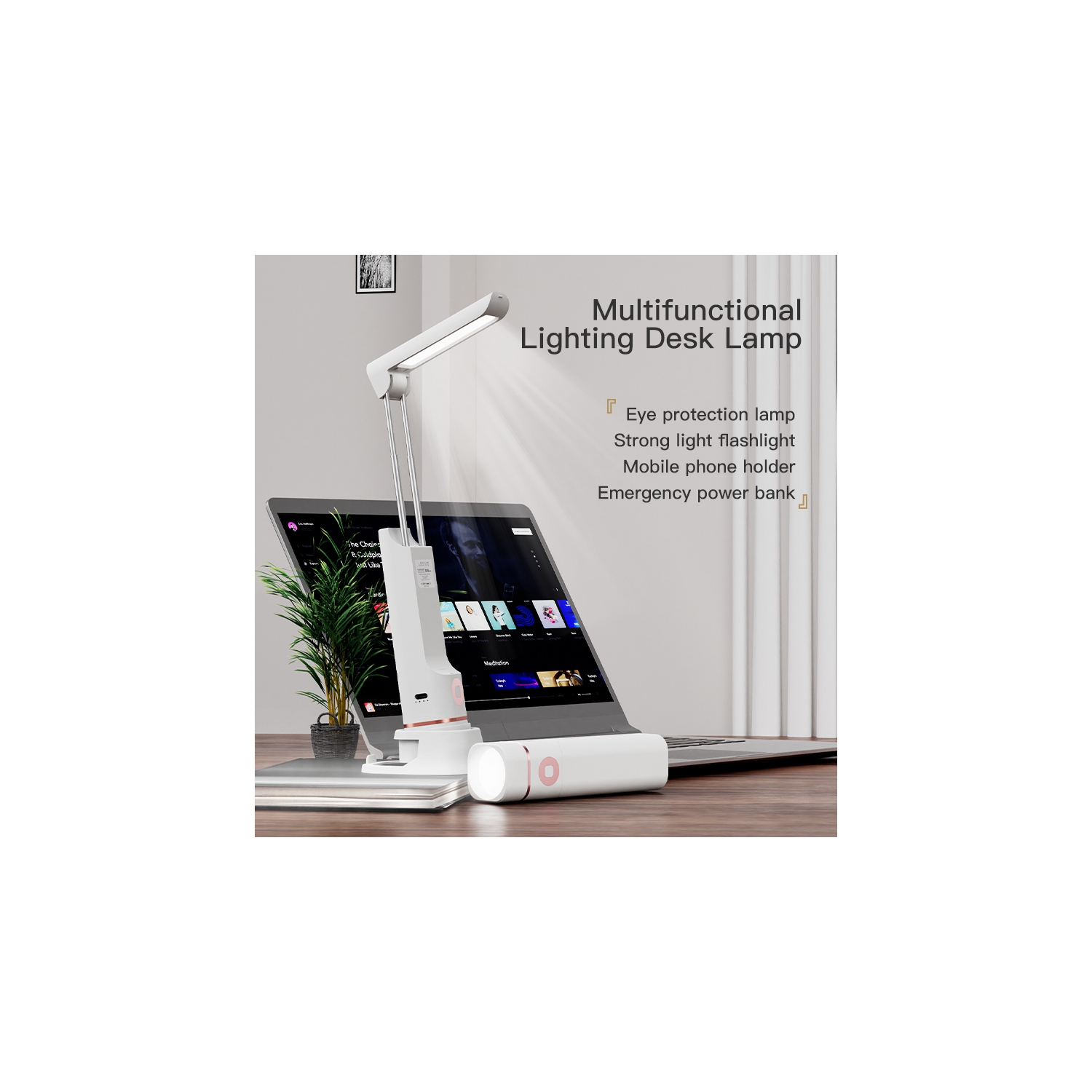 Multifunctional desk lamp, flashlight, eye protection study dormitory lamp, LED charging small desk lamp with mobile phone holder - second generation