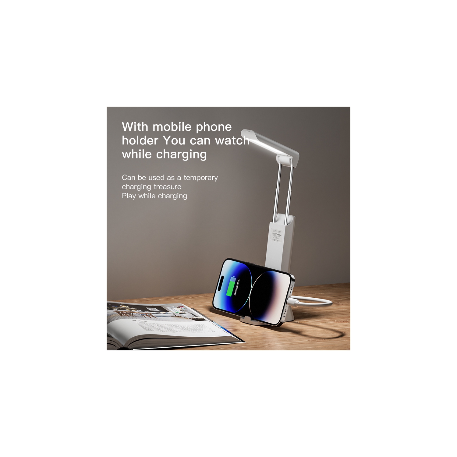 Multifunctional desk lamp, flashlight, eye protection study dormitory lamp, LED charging small desk lamp with mobile phone holder - second generation