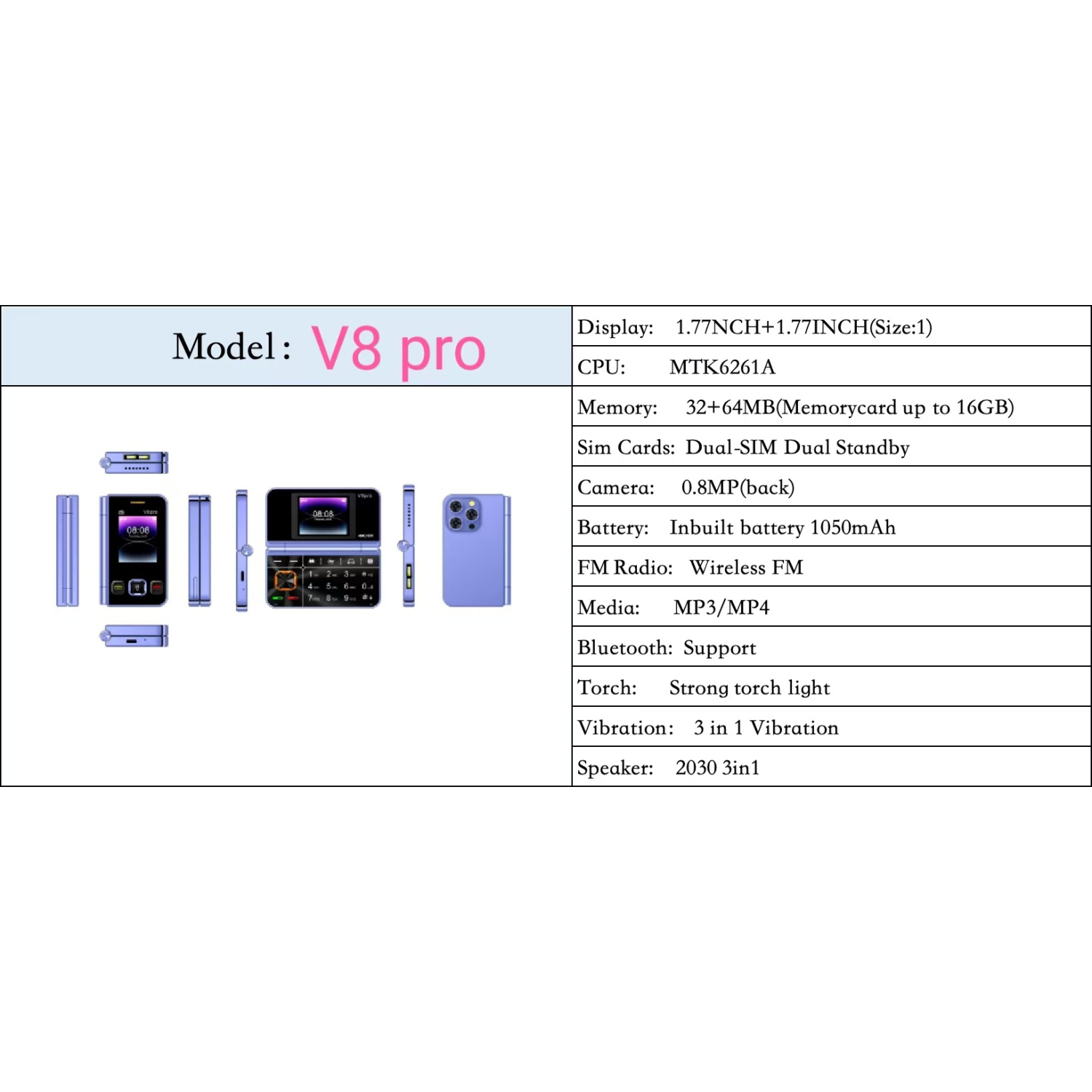 V8pro dual screen folding flip feature phone 2G elderly flip phone large font elderly phone rectangular flip design audio basic phone 1.8 inch large