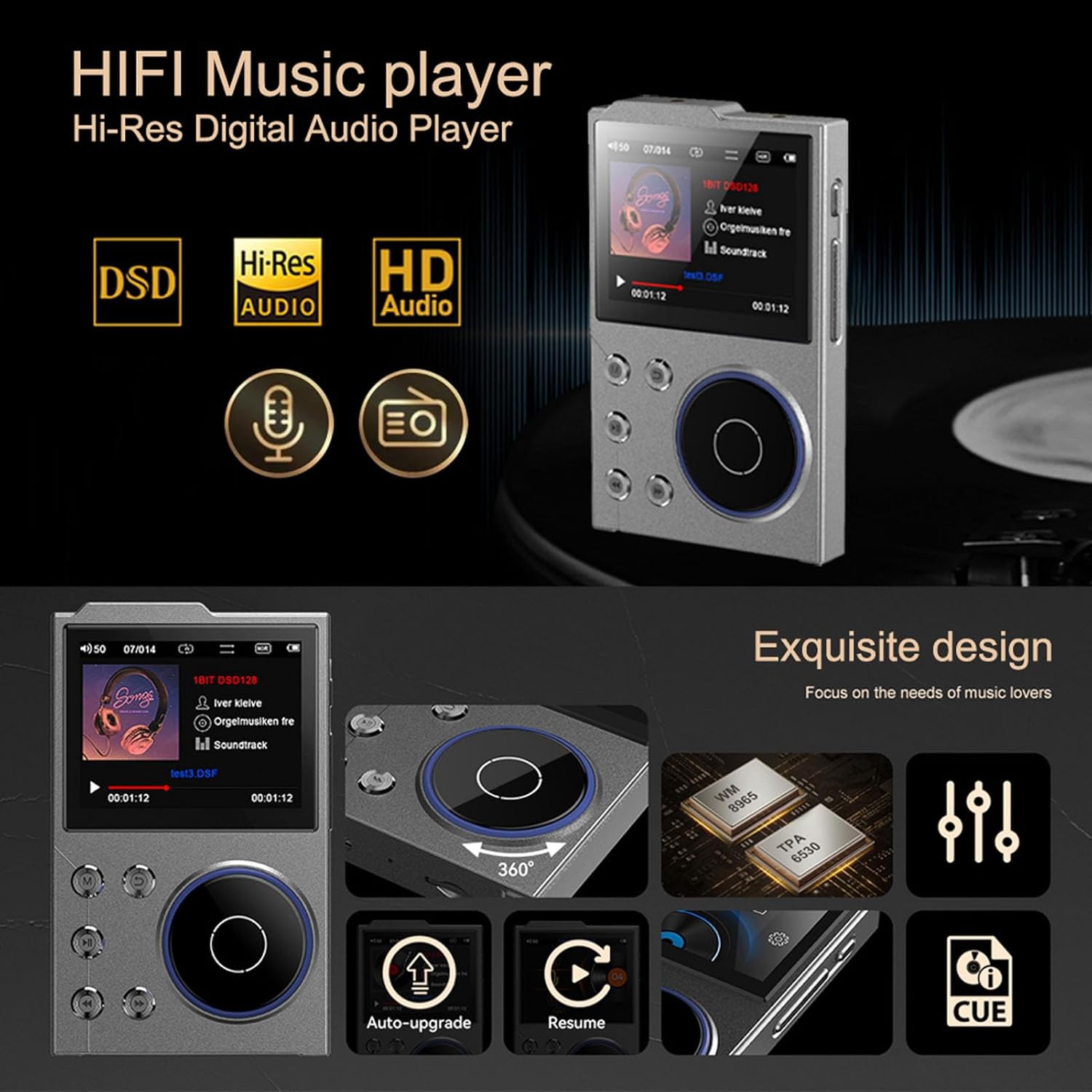 HiFi MP3 Player with Bluetooth, Lossless DSD DAC Flac, High Resolution Music Player, Portable Audio Player, Internal 16 GB Memory Card, 2.4 Inch