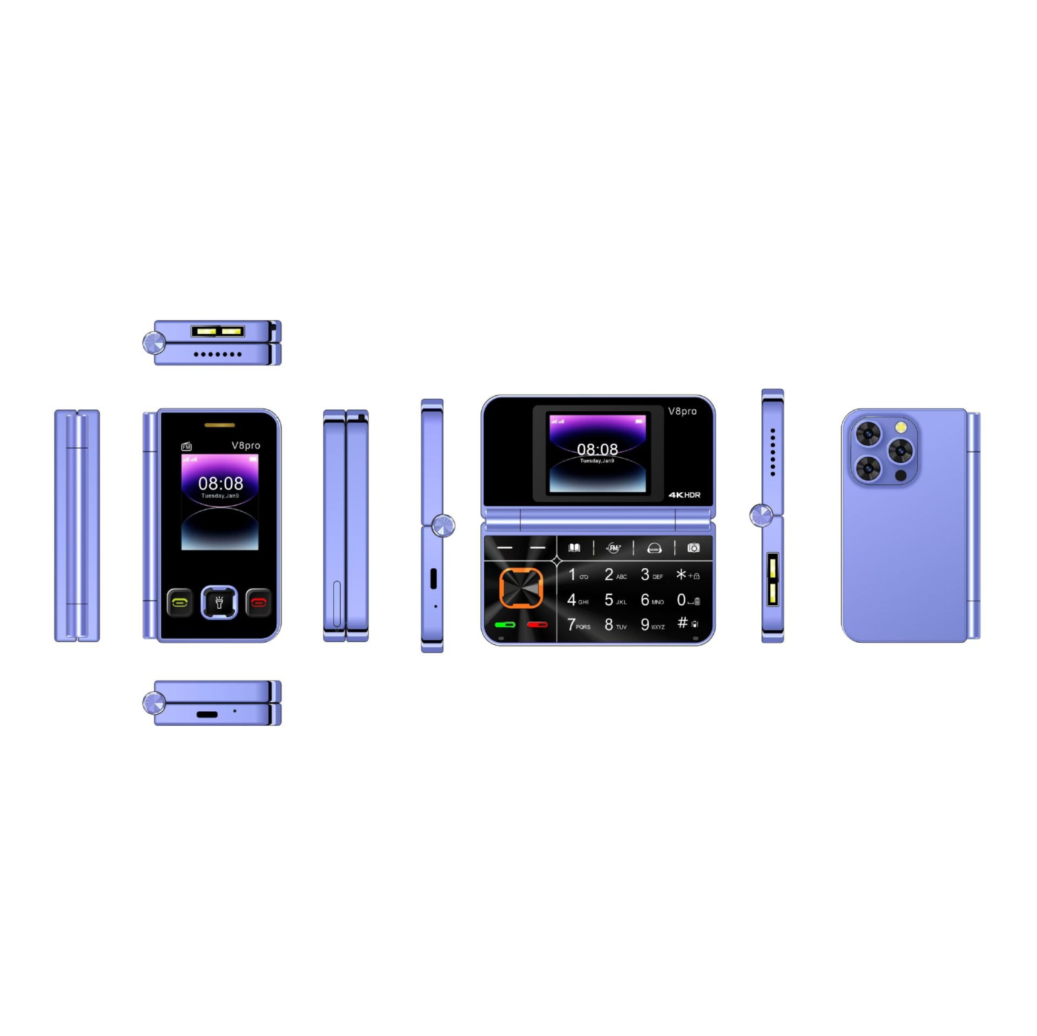 V8pro dual screen folding flip feature phone 2G elderly flip phone large font elderly phone rectangular flip design audio basic phone 1.8 inch large screen, purple