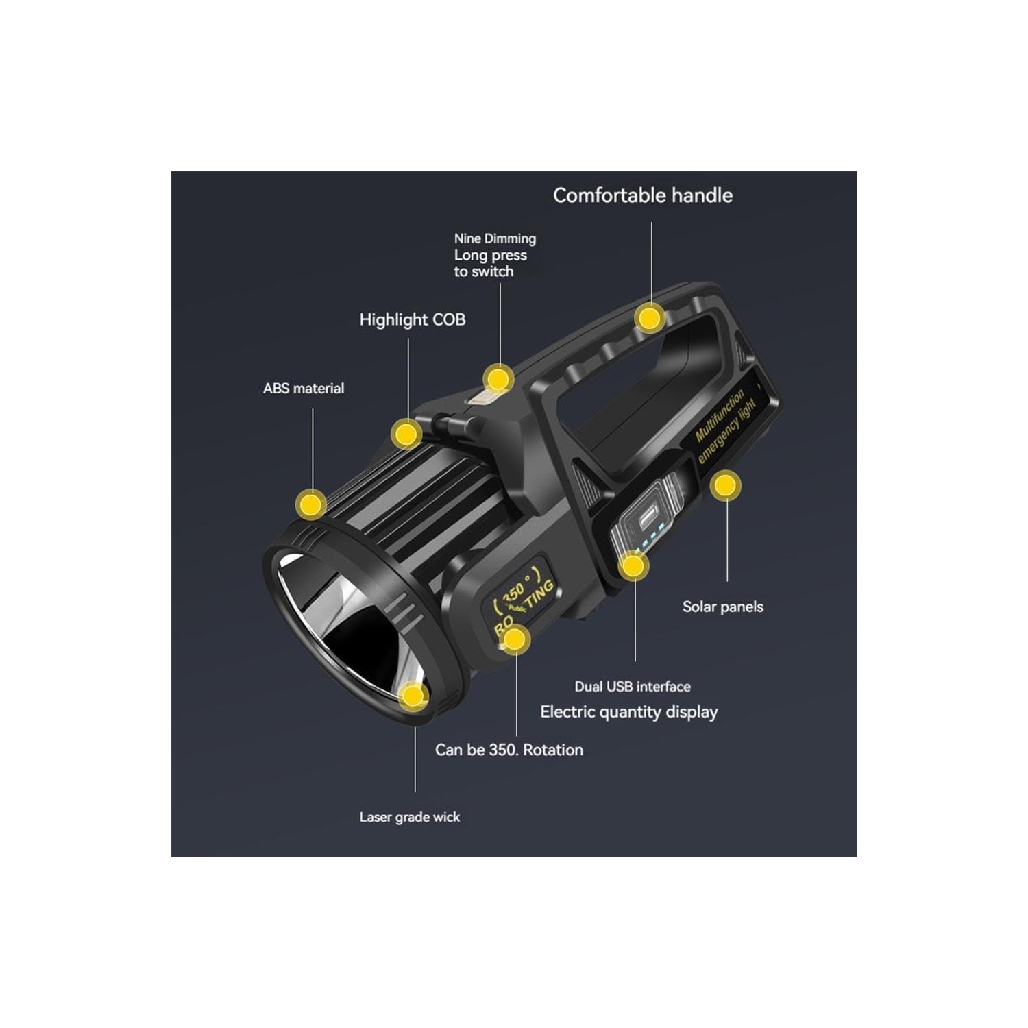 Lampe de poche rechargeable, lampe de poche solaire portative à 9 modes, tête de lampe rotative à 350°, alimentation d'urgence et mobile - Petit