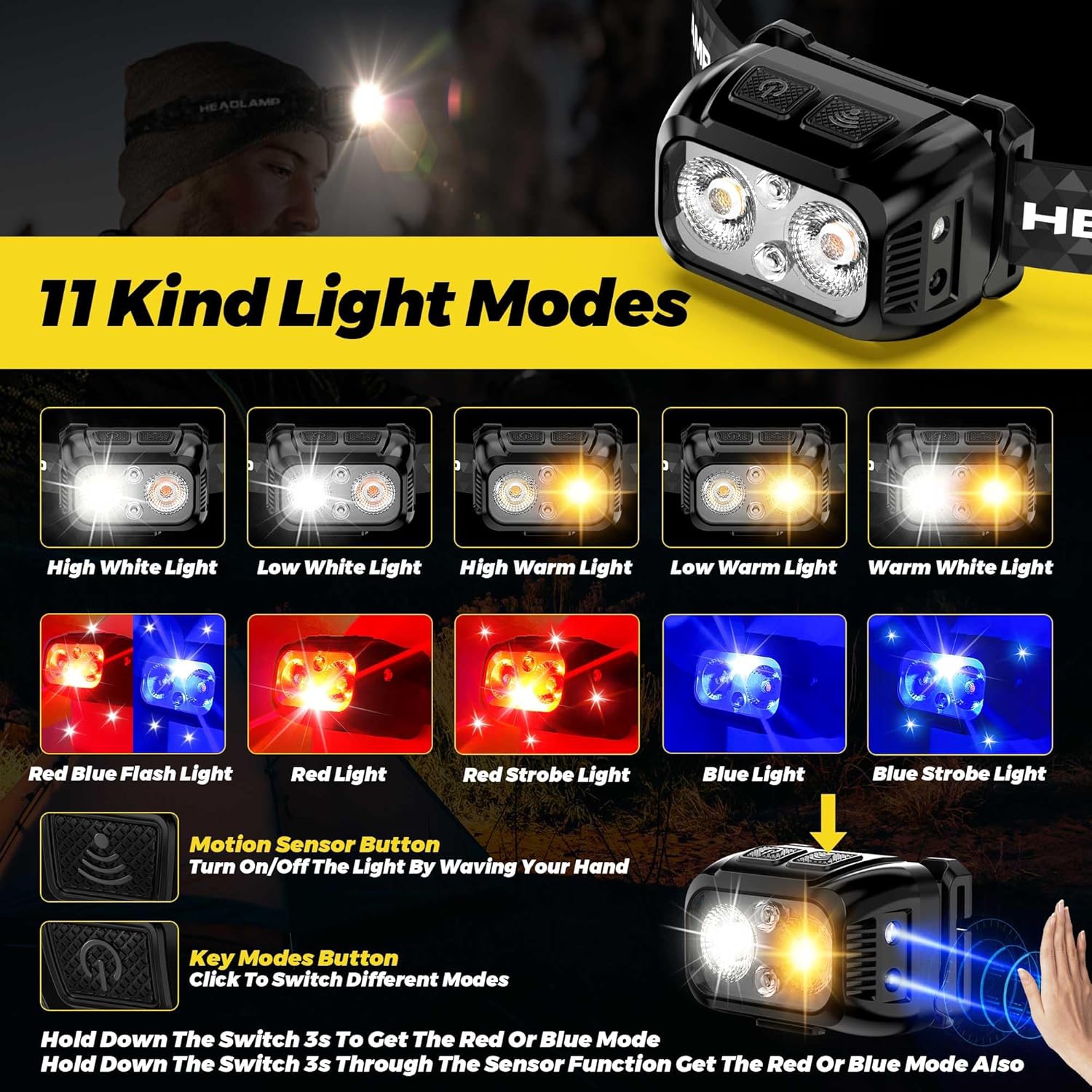 Lampe frontale légère, randonnée nocturne en plein air très lumineuse, lumière pour la pêche et le vélo, chargement rapide, lampe frontale portative