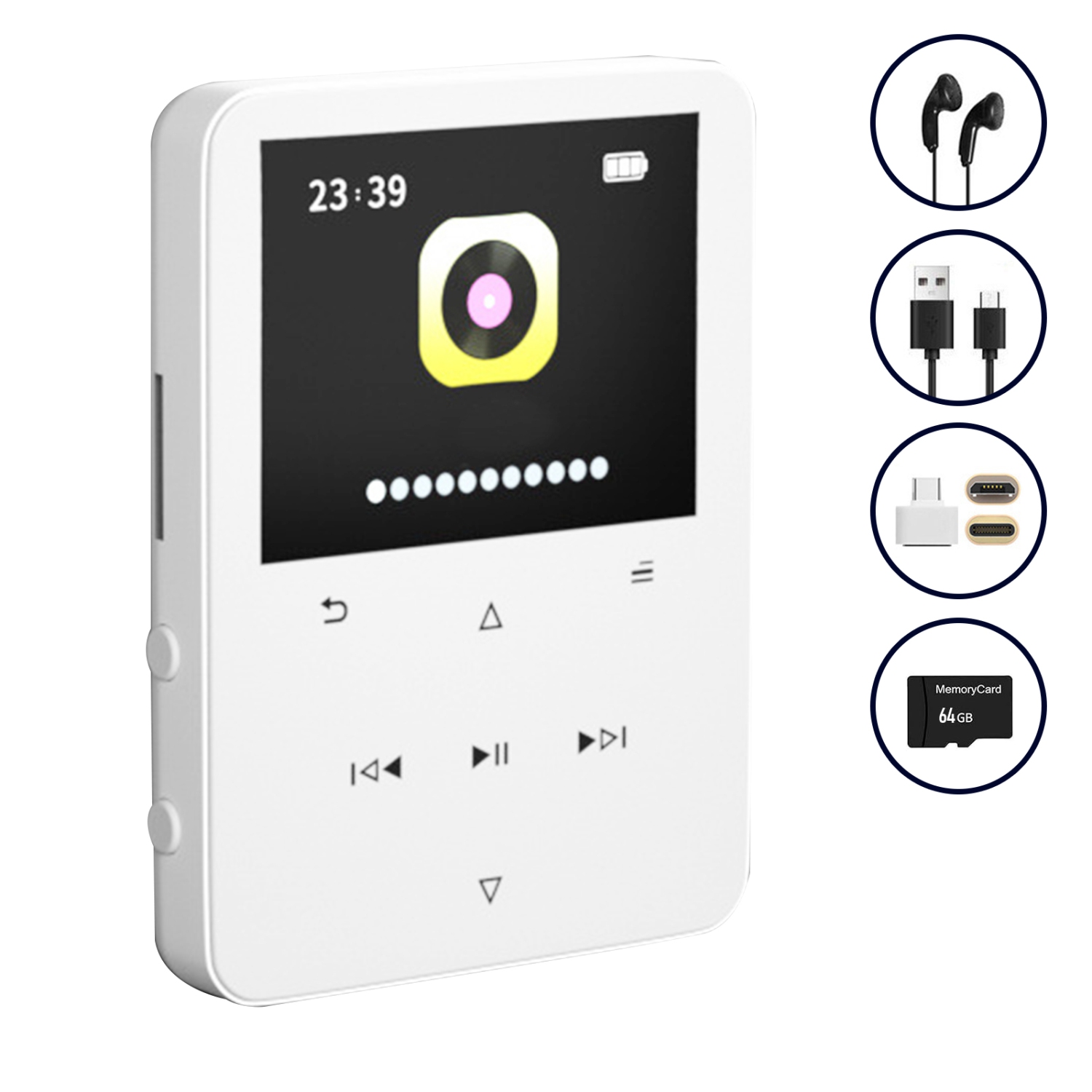 Lecteur MP3 portatif 64G à grande mémoire, lecteur de musique à grand écran avec fonction Bluetooth adapté pour les voyages et la maison