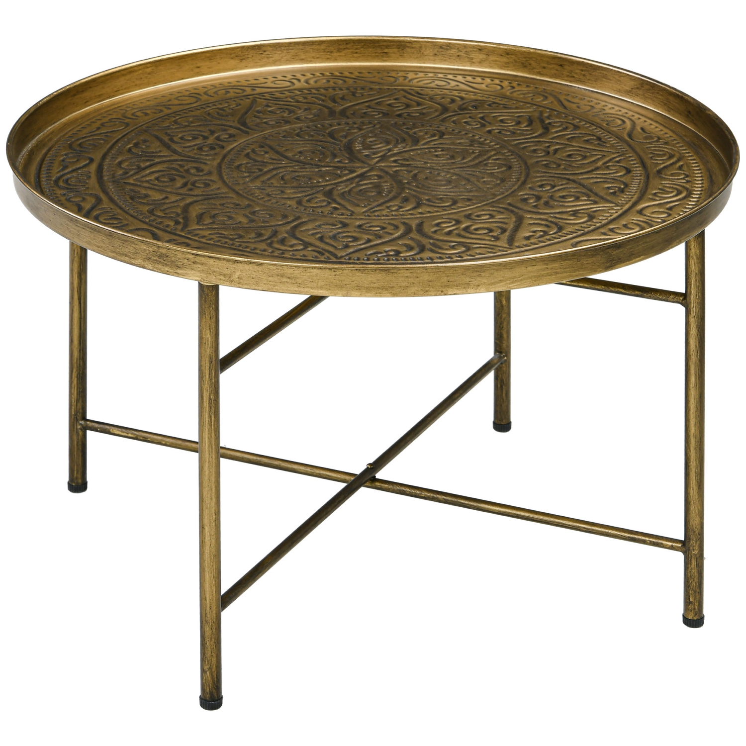 HOMCOM 24" Round Coffee Table with Hammered Floral Tray Top, Vintage Metal Center Table for Living Room, Side Table, Gold