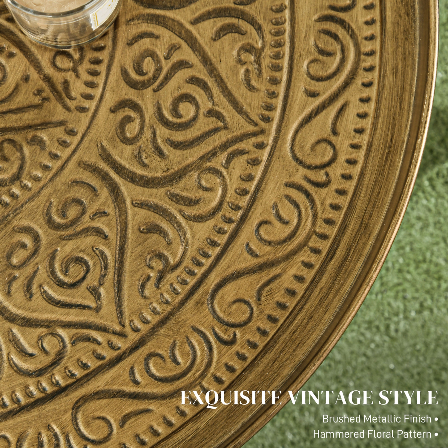 HOMCOM 24" Round Coffee Table with Hammered Floral Tray Top, Vintage Metal Center Table for Living Room, Side Table, Gold