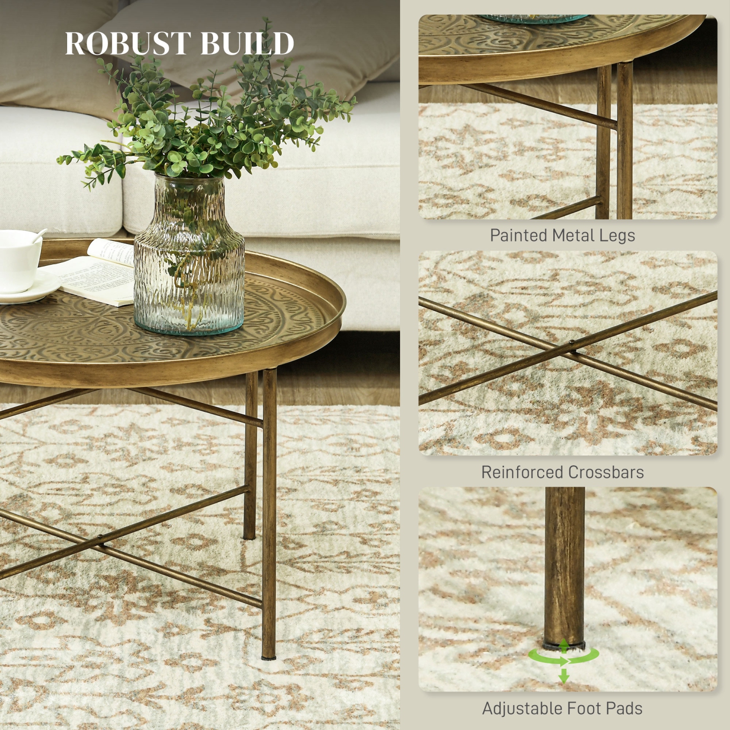 HOMCOM 24" Round Coffee Table with Hammered Floral Tray Top, Vintage Metal Center Table for Living Room, Side Table, Gold